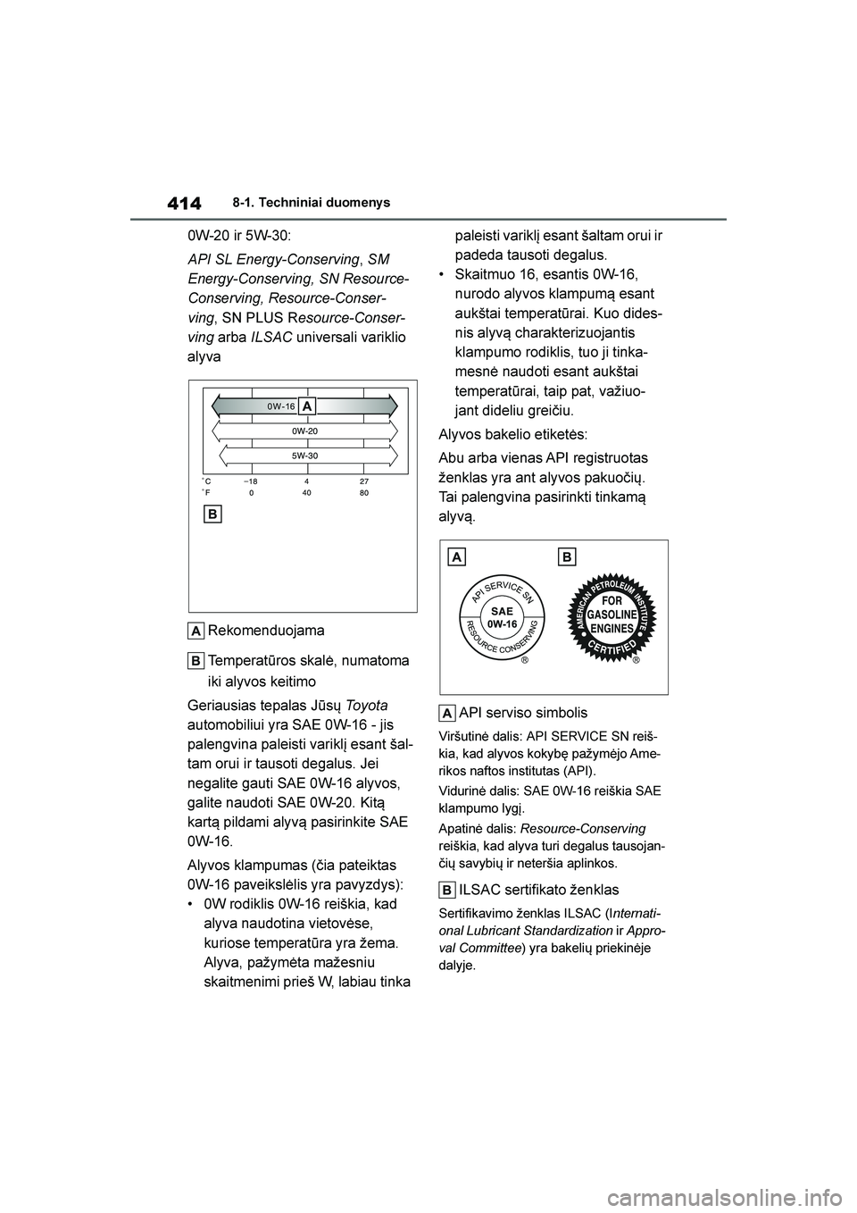 TOYOTA YARIS 2021  Eksploatavimo vadovas (in Lithuanian) 
414
YARIS(HB) Owners Manual_Europe_MK0001_LT
8-1. Techniniai duomeny s
0W-20 ir 5W-30:
API SL Energy-Conserving, SM 
Energy-Conserving, SN Resource-
Conserving, Resource-Conser -
ving , SN PLUS R es