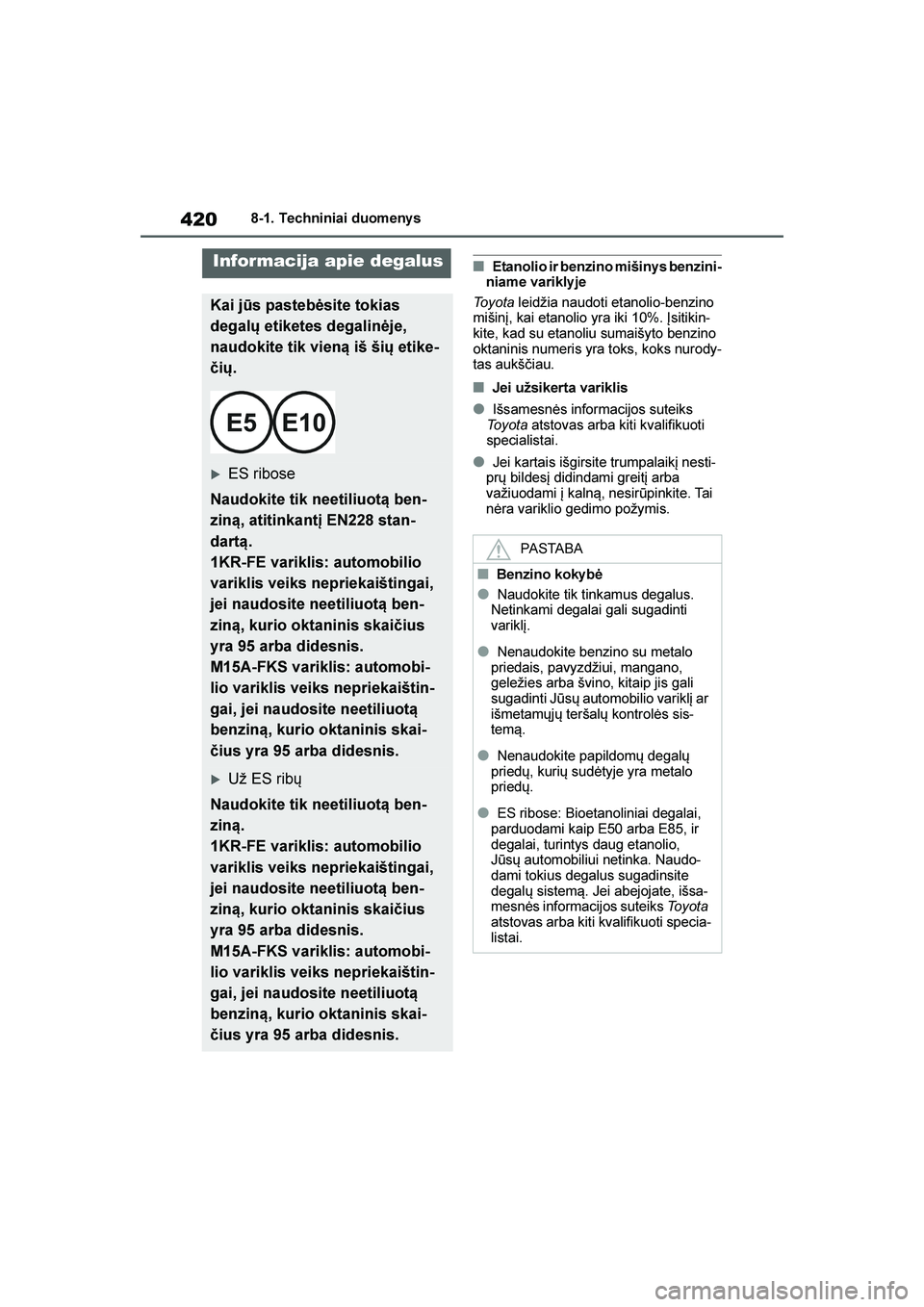 TOYOTA YARIS 2021  Eksploatavimo vadovas (in Lithuanian) 
420
YARIS(HB) Owners Manual_Europe_MK0001_LT
8-1. Techniniai duomeny s
■Etanolio ir benzino mišiny s benzini-
niame variklyje
To y o t a  leidžia naudoti etanolio-benzino 
mišinį, kai etanolio