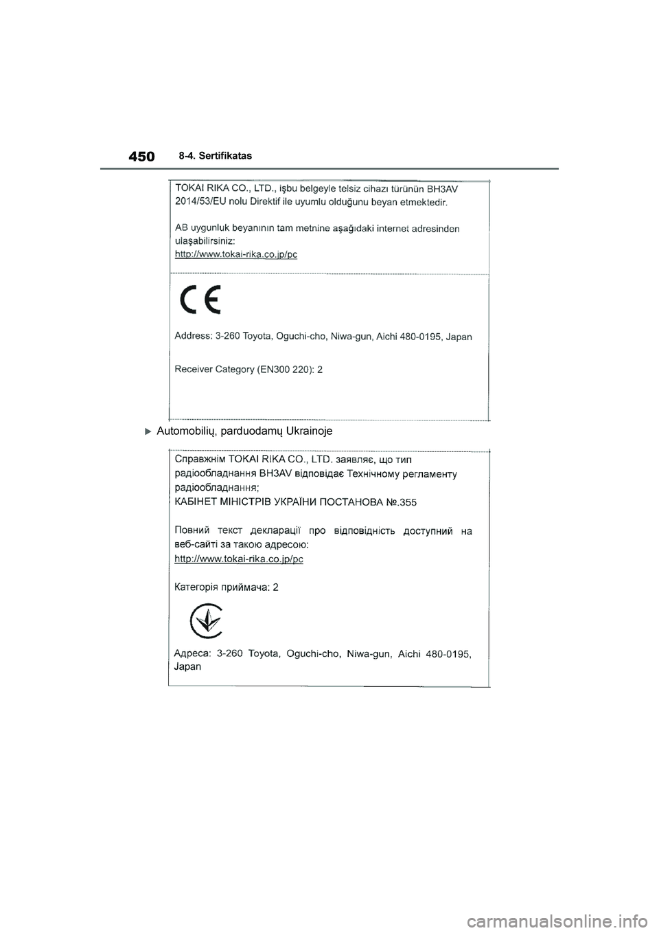 TOYOTA YARIS 2021  Eksploatavimo vadovas (in Lithuanian) 
450
YARIS(HB) Owners Manual_Europe_MK0001_LT
8-4. Sertifikatas
Automobilių, parduodamų Ukrainoje
YARIS(HB)_OM_Europe_OMK0001LT.book  Page 450  Wednesday, April 1, 2020  11:32 AM 