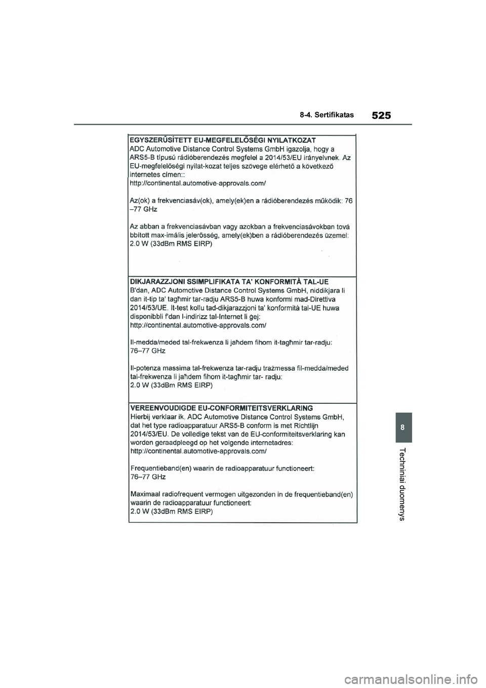 TOYOTA YARIS 2021  Eksploatavimo vadovas (in Lithuanian) 
525
8
YARIS(HB) Owners Manual_Europe_MK0001_LT
8-4. Sertifikatas
Techniniai duomenys
YARIS(HB)_OM_Europe_OMK0001LT.book  Page 525  Wednesday, April 1, 2020  11:32 AM 