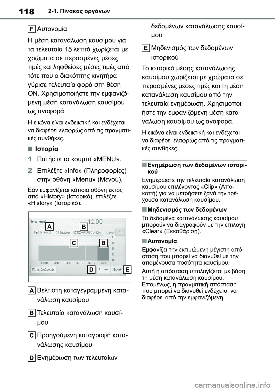 TOYOTA YARIS 2021  ΟΔΗΓΌΣ ΧΡΉΣΗΣ (in Greek) 1182-1. Πίνακας οργάνων
Αυτονομία
Η μέση κατανάλωση καυσίμου για 
τα τελευταία 15 λεπτά χωρίζεται με 
χρώματα σε π