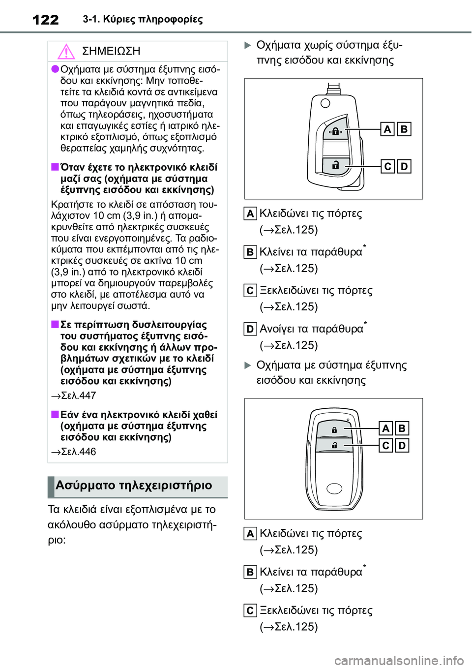 TOYOTA YARIS 2021  ΟΔΗΓΌΣ ΧΡΉΣΗΣ (in Greek) 1223-1. Κύριες πληροφορίες
Τα κλειδιά είναι εξοπλισμένα με το 
ακόλουθο ασύρματο τηλεχειριστή-
ριο:
�XΟχήματα χωρ