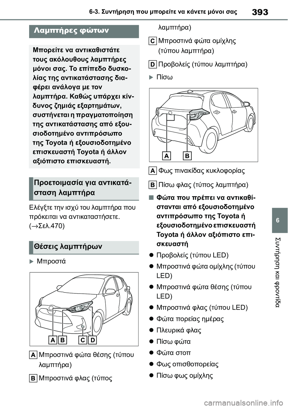 TOYOTA YARIS 2021 ΟΔΗΓΌΣ ΧΡΉΣΗΣ (in Greek) 393
6 6-3. Συντήρηση που μπορείτε να κάνετε μόνοι σας
Συντήρηση και φροντίδα
Ελέγξτε την ισχύ του λαμπτήρα που
πρ TOYOTA YARIS 2021 ΟΔΗΓΌΣ ΧΡΉΣΗΣ (in Greek) 393
6 6-3. Συντήρηση που μπορείτε να κάνετε μόνοι σας
Συντήρηση και φροντίδα
Ελέγξτε την ισχύ του λαμπτήρα που
πρ