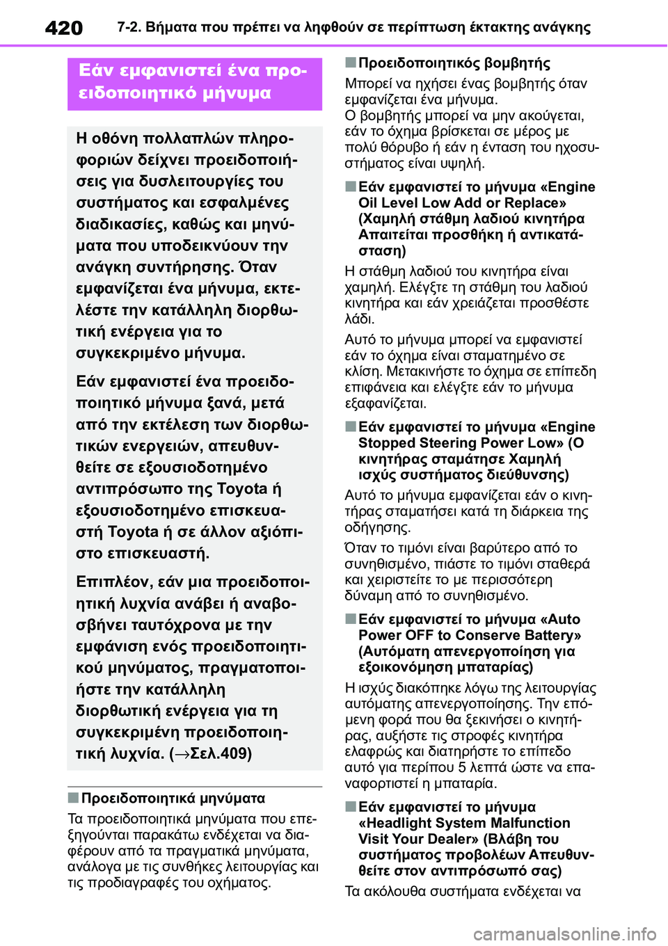 TOYOTA YARIS 2021  ΟΔΗΓΌΣ ΧΡΉΣΗΣ (in Greek) 4207-2. Βήματα που πρέπει να ληφθούν σε περίπτωση έκτακτης ανάγκης
■Προειδοποιητικά μηνύματα
Τα προειδοποιητι