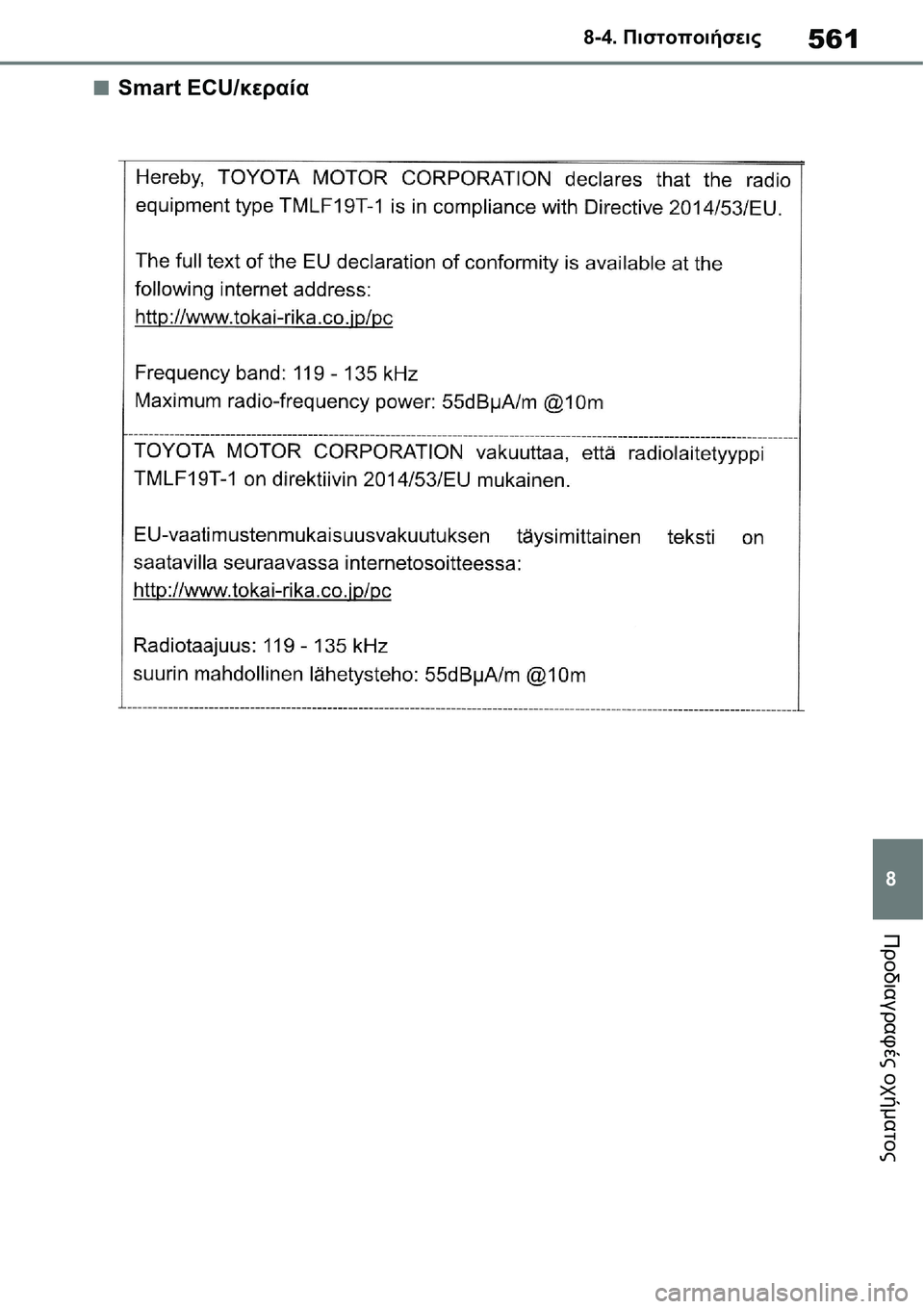 TOYOTA YARIS 2021  ΟΔΗΓΌΣ ΧΡΉΣΗΣ (in Greek) 561
8 8-4. Πιστοποιήσεις
Προδιαγραφές οχήματος
■Smart ECU/κεραία 
