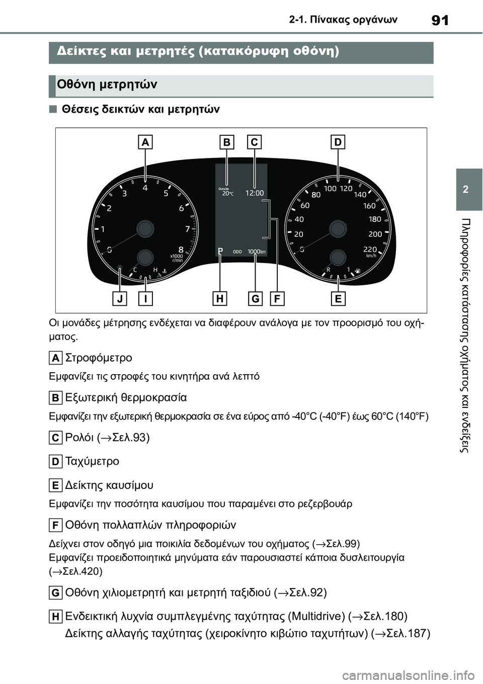 TOYOTA YARIS 2021  ΟΔΗΓΌΣ ΧΡΉΣΗΣ (in Greek) 91
2 2-1. Πίνακας οργάνων
Πληροφορίες κατάστασης οχήματος και ενδείξεις
■Θέσεις δεικτών και μετρητών
Οι μονάδε