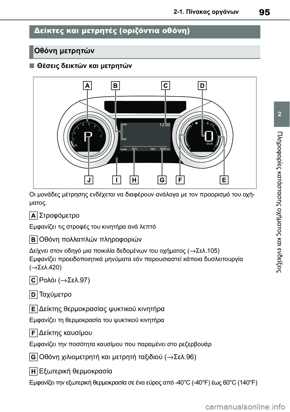 TOYOTA YARIS 2021  ΟΔΗΓΌΣ ΧΡΉΣΗΣ (in Greek) 95
2 2-1. Πίνακας οργάνων
Πληροφορίες κατάστασης οχήματος και ενδείξεις
■Θέσεις δεικτών και μετρητών
Οι μονάδε