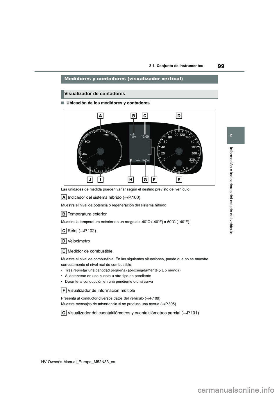 TOYOTA YARIS 2022 Manuale de Empleo (in Spanish) 99
2
HV Owner's Manual_Europe_M52N33_es
2-1. Conjunto de instrumentos
Información e indicadores del estado del vehículo
■Ubicación de los medidores y contadores
Las unidades de medida pueden TOYOTA YARIS 2022 Manuale de Empleo (in Spanish) 99
2
HV Owner's Manual_Europe_M52N33_es
2-1. Conjunto de instrumentos
Información e indicadores del estado del vehículo
■Ubicación de los medidores y contadores
Las unidades de medida pueden