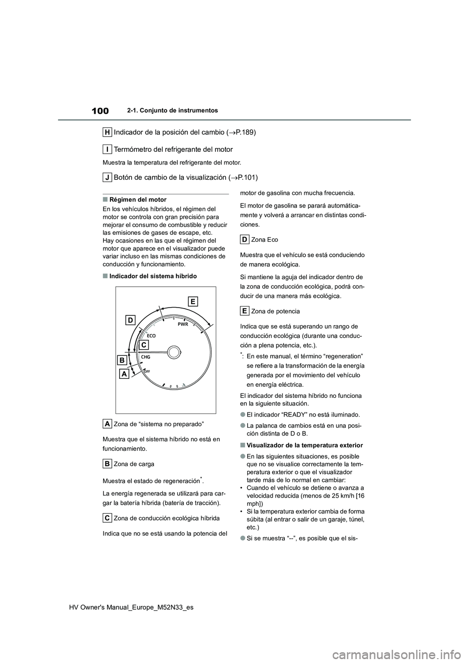 TOYOTA YARIS 2022 Manuale de Empleo (in Spanish) 100
HV Owner's Manual_Europe_M52N33_es
2-1. Conjunto de instrumentos
Indicador de la posición del cambio (P.189)
Termómetro del refrigerante del motor
Muestra la temperatura del refrigerante TOYOTA YARIS 2022 Manuale de Empleo (in Spanish) 100
HV Owner's Manual_Europe_M52N33_es
2-1. Conjunto de instrumentos
Indicador de la posición del cambio (P.189)
Termómetro del refrigerante del motor
Muestra la temperatura del refrigerante