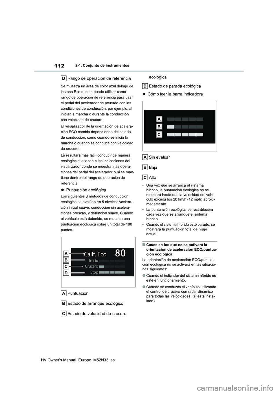 TOYOTA YARIS 2022 Manuale de Empleo (in Spanish) 112
HV Owner's Manual_Europe_M52N33_es
2-1. Conjunto de instrumentos
Rango de operación de referencia
Se muestra un área de color azul debajo de
la zona Eco que se puede utilizar como
rango d TOYOTA YARIS 2022 Manuale de Empleo (in Spanish) 112
HV Owner's Manual_Europe_M52N33_es
2-1. Conjunto de instrumentos
Rango de operación de referencia
Se muestra un área de color azul debajo de
la zona Eco que se puede utilizar como
rango d