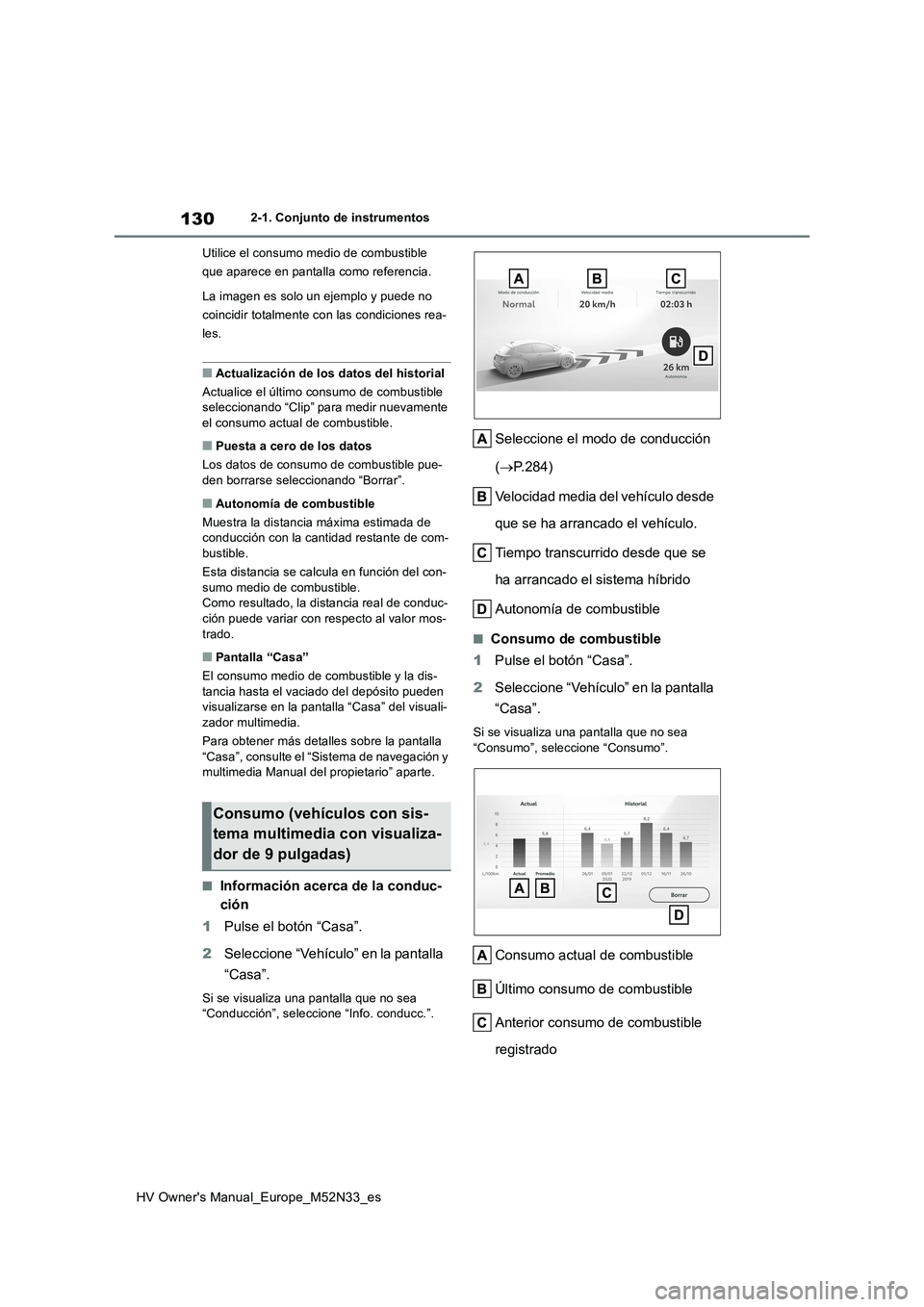 TOYOTA YARIS 2022 Manuale de Empleo (in Spanish) 130
HV Owner's Manual_Europe_M52N33_es
2-1. Conjunto de instrumentos
Utilice el consumo medio de combustible
que aparece en pantalla como referencia.
La imagen es solo un ejemplo y puede no
TOYOTA YARIS 2022 Manuale de Empleo (in Spanish) 130
HV Owner's Manual_Europe_M52N33_es
2-1. Conjunto de instrumentos
Utilice el consumo medio de combustible
que aparece en pantalla como referencia.
La imagen es solo un ejemplo y puede no