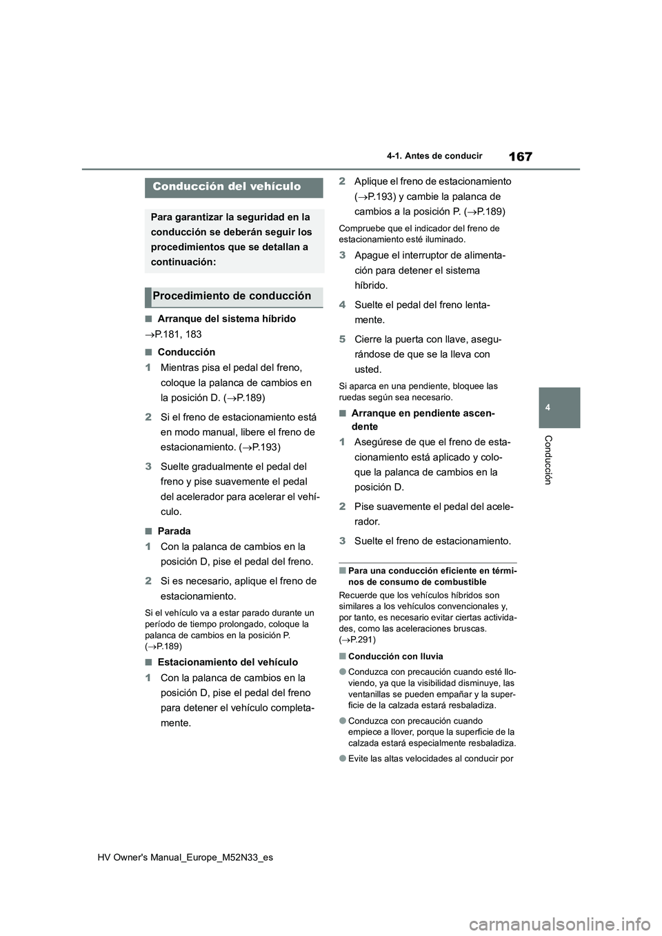 TOYOTA YARIS 2022  Manuale de Empleo (in Spanish) 167
4
HV Owner's Manual_Europe_M52N33_es
4-1. Antes de conducir
Conducción
4-1.Antes de cond ucir
■Arranque del sistema híbrido 
 P.181, 183
■Conducción 
1 Mientras pisa el pedal del fre