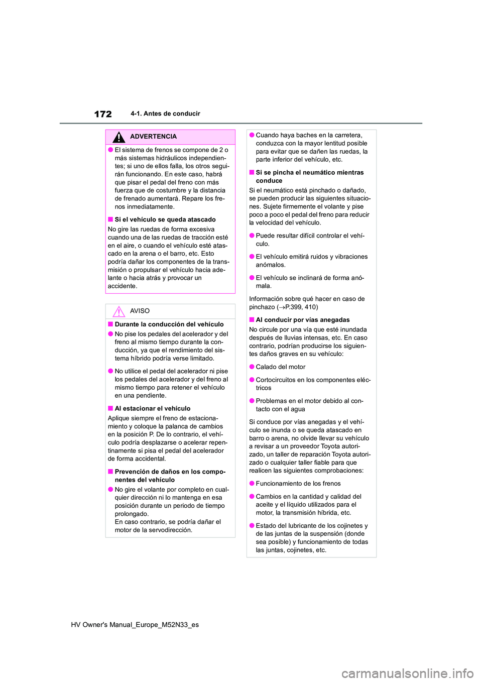 TOYOTA YARIS 2022  Manuale de Empleo (in Spanish) 172
HV Owner's Manual_Europe_M52N33_es
4-1. Antes de conducir
ADVERTENCIA
●El sistema de frenos se compone de 2 o  
más sistemas hidráulicos independien- tes; si uno de ellos falla, los otros 