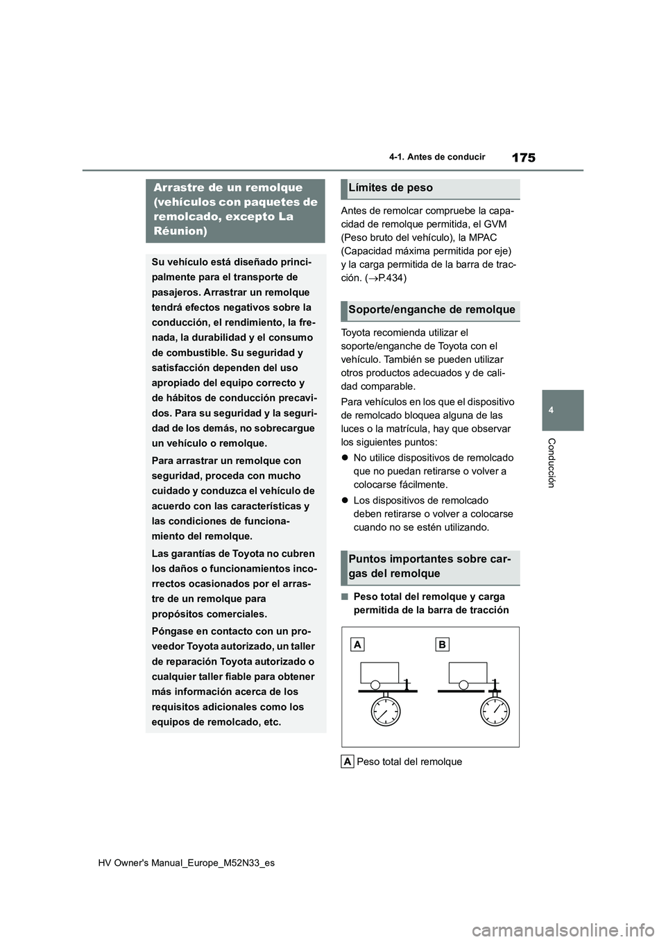 TOYOTA YARIS 2022 Manuale de Empleo (in Spanish) 175
4
HV Owner's Manual_Europe_M52N33_es
4-1. Antes de conducir
Conducción
Antes de remolcar compruebe la capa-
cidad de remolque permitida, el GVM
(Peso bruto del vehículo), la MPAC
(Capacid TOYOTA YARIS 2022 Manuale de Empleo (in Spanish) 175
4
HV Owner's Manual_Europe_M52N33_es
4-1. Antes de conducir
Conducción
Antes de remolcar compruebe la capa-
cidad de remolque permitida, el GVM
(Peso bruto del vehículo), la MPAC
(Capacid