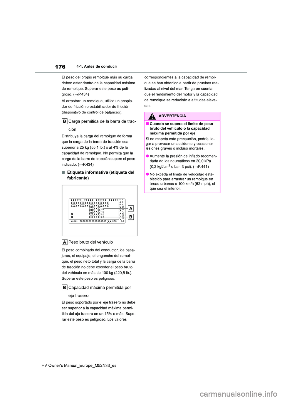 TOYOTA YARIS 2022 Manuale de Empleo (in Spanish) 176
HV Owner's Manual_Europe_M52N33_es
4-1. Antes de conducir
El peso del propio remolque más su carga
deben estar dentro de la capacidad máxima
de remolque. Superar este peso es peli-
groso TOYOTA YARIS 2022 Manuale de Empleo (in Spanish) 176
HV Owner's Manual_Europe_M52N33_es
4-1. Antes de conducir
El peso del propio remolque más su carga
deben estar dentro de la capacidad máxima
de remolque. Superar este peso es peli-
groso