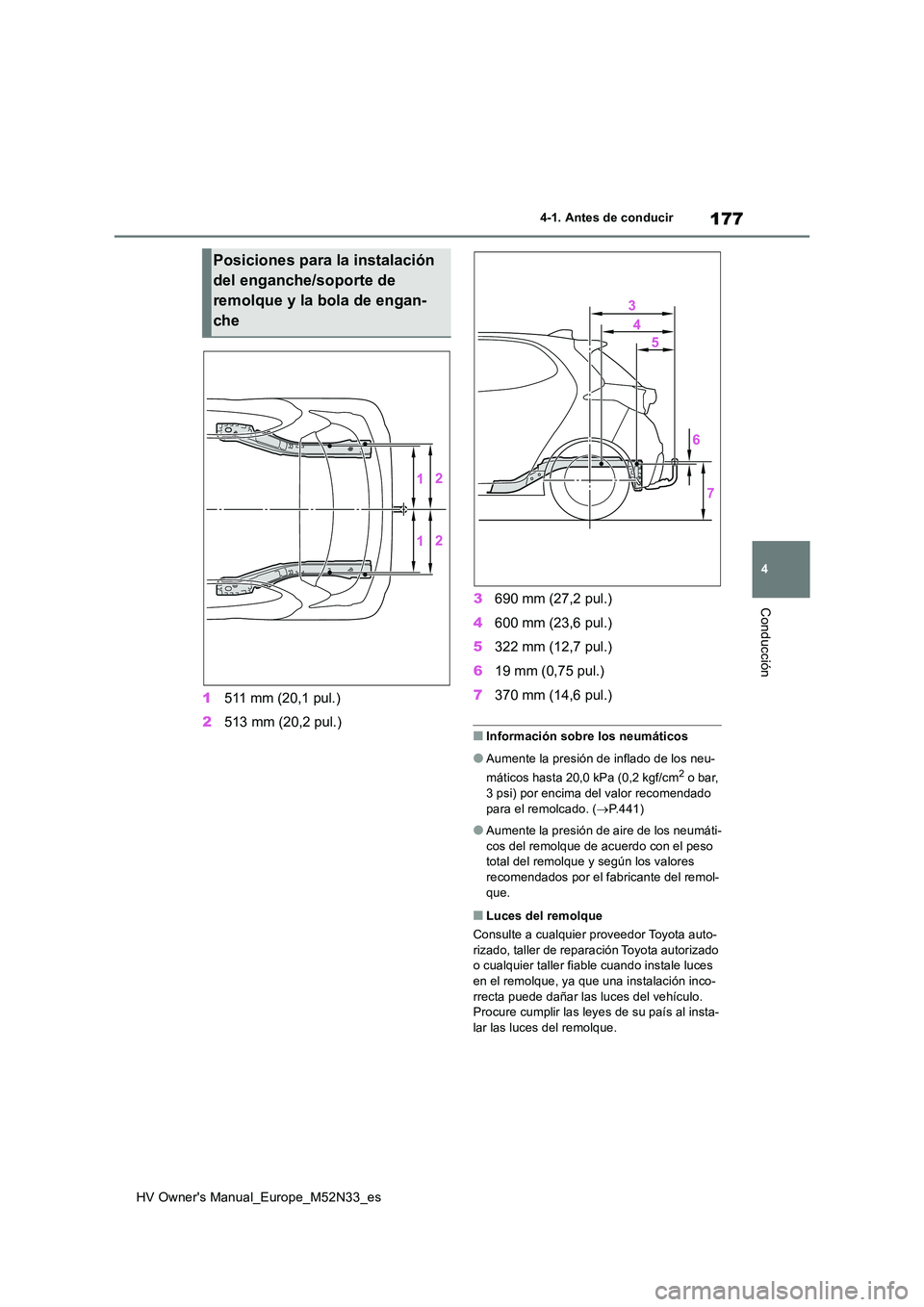 TOYOTA YARIS 2022 Manuale de Empleo (in Spanish) 177
4
HV Owner's Manual_Europe_M52N33_es
4-1. Antes de conducir
Conducción
1511 mm (20,1 pul.)
2 513 mm (20,2 pul.)
3 690 mm (27,2 pul.)
4 600 mm (23,6 pul.)
5 322 mm (12,7 pul.)
6 19 mm (0, TOYOTA YARIS 2022 Manuale de Empleo (in Spanish) 177
4
HV Owner's Manual_Europe_M52N33_es
4-1. Antes de conducir
Conducción
1511 mm (20,1 pul.)
2 513 mm (20,2 pul.)
3 690 mm (27,2 pul.)
4 600 mm (23,6 pul.)
5 322 mm (12,7 pul.)
6 19 mm (0,