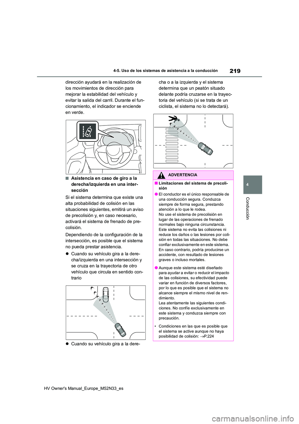TOYOTA YARIS 2022 Manuale de Empleo (in Spanish) 219
4
HV Owner's Manual_Europe_M52N33_es
4-5. Uso de los sistemas de asistencia a la conducción
Conducción
dirección ayudará en la realización de
los movimientos de dirección para
mejorar TOYOTA YARIS 2022 Manuale de Empleo (in Spanish) 219
4
HV Owner's Manual_Europe_M52N33_es
4-5. Uso de los sistemas de asistencia a la conducción
Conducción
dirección ayudará en la realización de
los movimientos de dirección para
mejorar