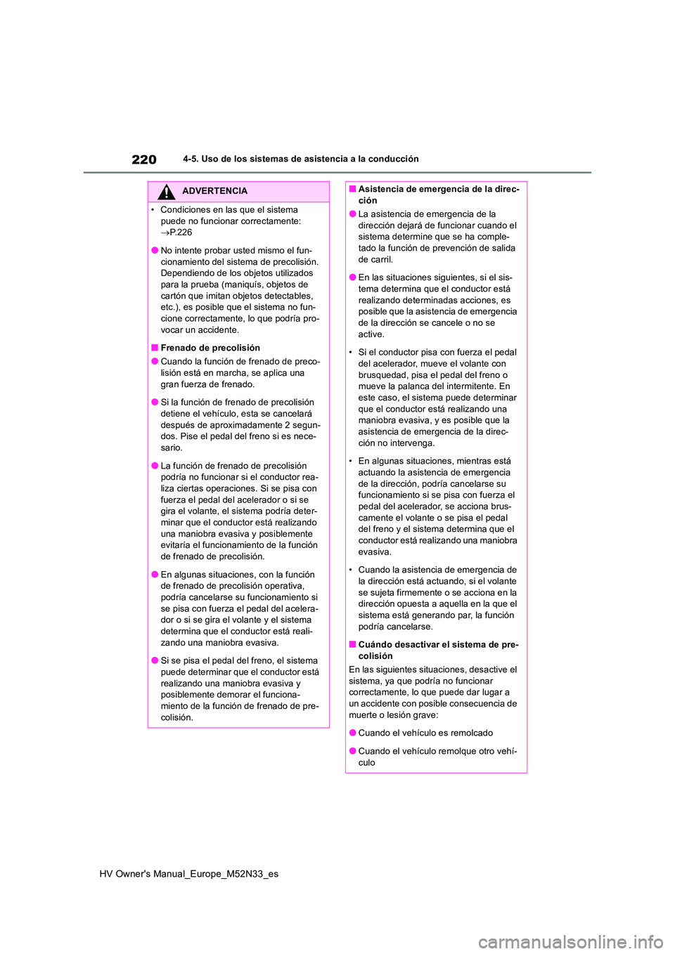 TOYOTA YARIS 2022 Manuale de Empleo (in Spanish) 220
HV Owner's Manual_Europe_M52N33_es
4-5. Uso de los sistemas de asistencia a la conducción
ADVERTENCIA
• Condiciones en las que el sistema
puede no funcionar correctamente: P.226
●N TOYOTA YARIS 2022 Manuale de Empleo (in Spanish) 220
HV Owner's Manual_Europe_M52N33_es
4-5. Uso de los sistemas de asistencia a la conducción
ADVERTENCIA
• Condiciones en las que el sistema
puede no funcionar correctamente: P.226
●N