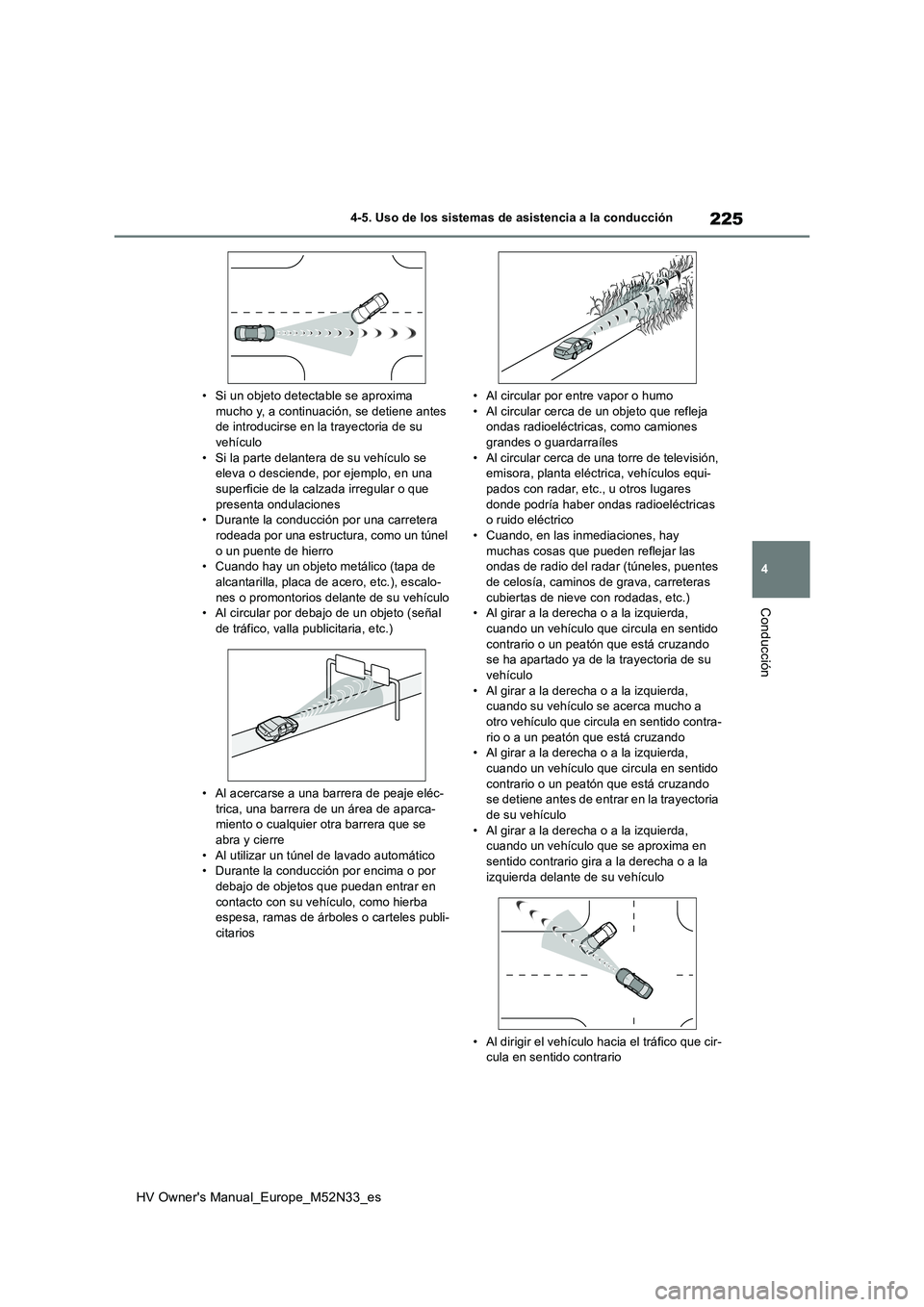 TOYOTA YARIS 2022 Manuale de Empleo (in Spanish) 225
4
HV Owner's Manual_Europe_M52N33_es
4-5. Uso de los sistemas de asistencia a la conducción
Conducción
• Si un objeto detectable se aproxima mucho y, a continuación, se detiene antes de TOYOTA YARIS 2022 Manuale de Empleo (in Spanish) 225
4
HV Owner's Manual_Europe_M52N33_es
4-5. Uso de los sistemas de asistencia a la conducción
Conducción
• Si un objeto detectable se aproxima mucho y, a continuación, se detiene antes de