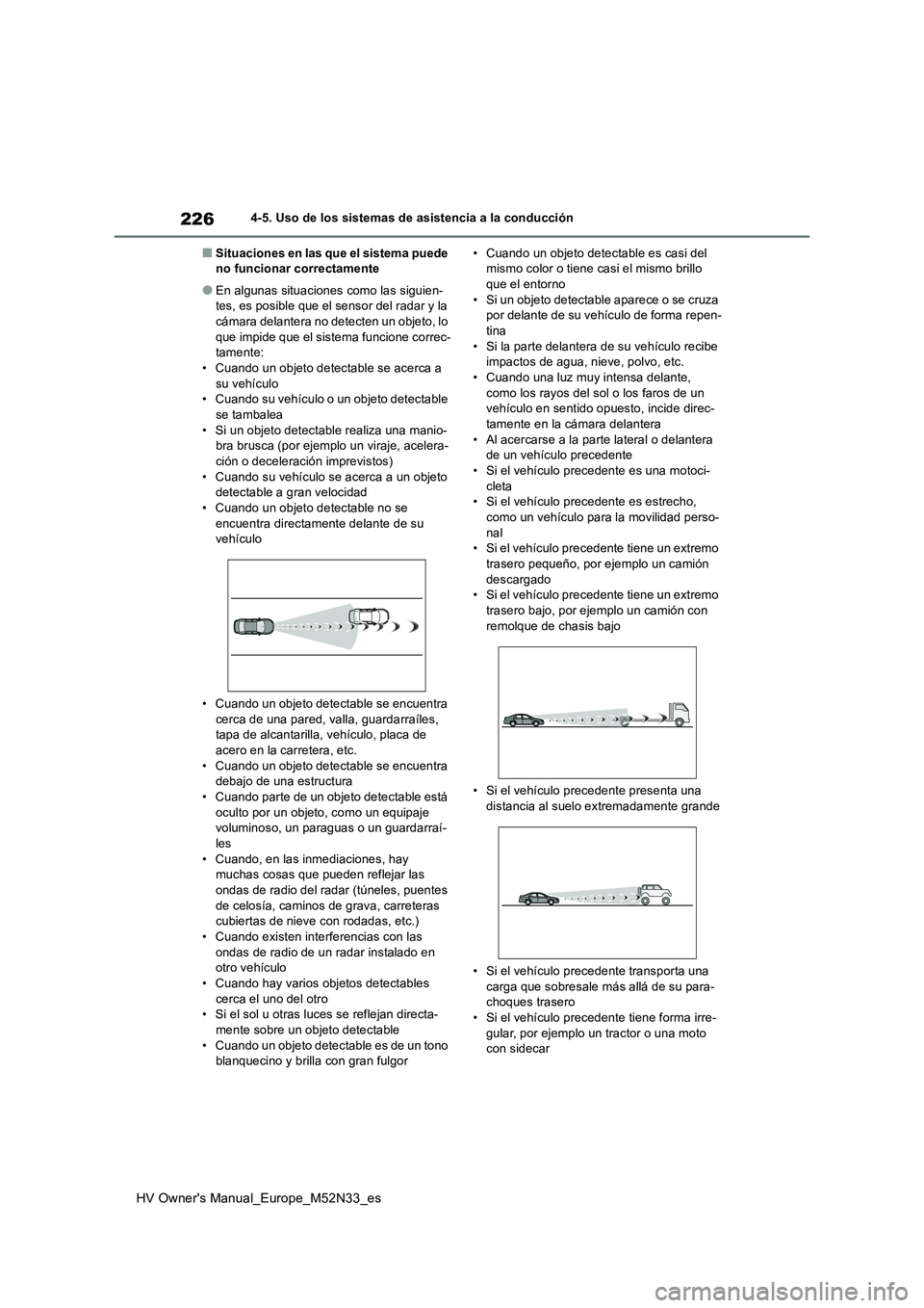 TOYOTA YARIS 2022 Manuale de Empleo (in Spanish) 226
HV Owner's Manual_Europe_M52N33_es
4-5. Uso de los sistemas de asistencia a la conducción
■Situaciones en las que el sistema puede no funcionar correctamente
●En algunas situaciones como TOYOTA YARIS 2022 Manuale de Empleo (in Spanish) 226
HV Owner's Manual_Europe_M52N33_es
4-5. Uso de los sistemas de asistencia a la conducción
■Situaciones en las que el sistema puede no funcionar correctamente
●En algunas situaciones como