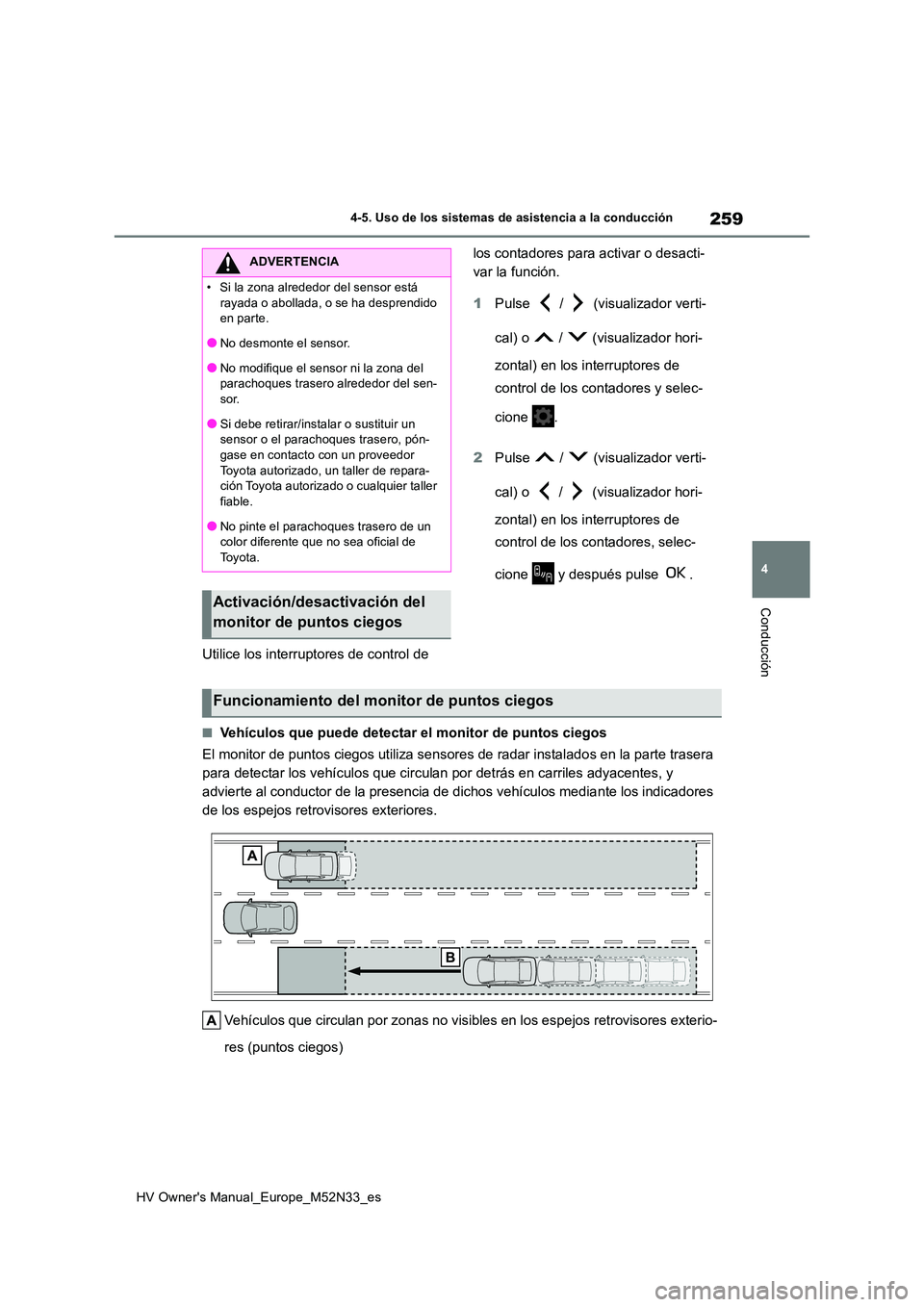 TOYOTA YARIS 2022  Manuale de Empleo (in Spanish) 259
4
HV Owner's Manual_Europe_M52N33_es
4-5. Uso de los sistemas de asistencia a la conducción
Conducción
Utilice los interruptores de control de  
los contadores para activar o desacti- 
var l