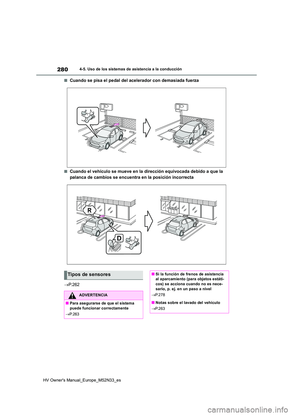 TOYOTA YARIS 2022  Manuale de Empleo (in Spanish) 280
HV Owner's Manual_Europe_M52N33_es
4-5. Uso de los sistemas de asistencia a la conducción
■Cuando se pisa el pedal del acelerador con demasiada fuerza
■Cuando el vehículo se mueve en la 