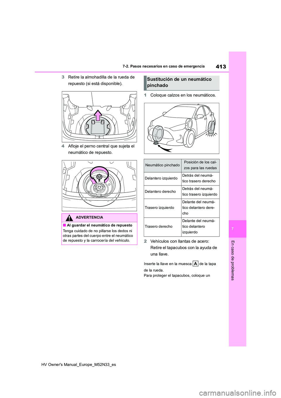 TOYOTA YARIS 2022  Manuale de Empleo (in Spanish) 413
7
HV Owner's Manual_Europe_M52N33_es
7-2. Pasos necesarios en caso de emergencia
En caso de problemas
3Retire la almohadilla de la rueda de  
repuesto (si está disponible). 
4 Afloje el perno