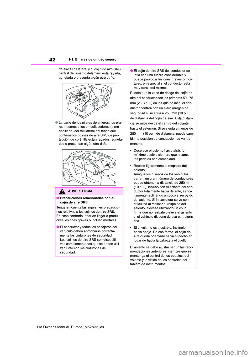 TOYOTA YARIS 2022 Manuale de Empleo (in Spanish) 42
HV Owner's Manual_Europe_M52N33_es
1-1. En aras de un uso seguro
de aire SRS lateral y el cojín de aire SRS central del asiento delantero está rayada, agrietada o presenta algún otro daño TOYOTA YARIS 2022 Manuale de Empleo (in Spanish) 42
HV Owner's Manual_Europe_M52N33_es
1-1. En aras de un uso seguro
de aire SRS lateral y el cojín de aire SRS central del asiento delantero está rayada, agrietada o presenta algún otro daño