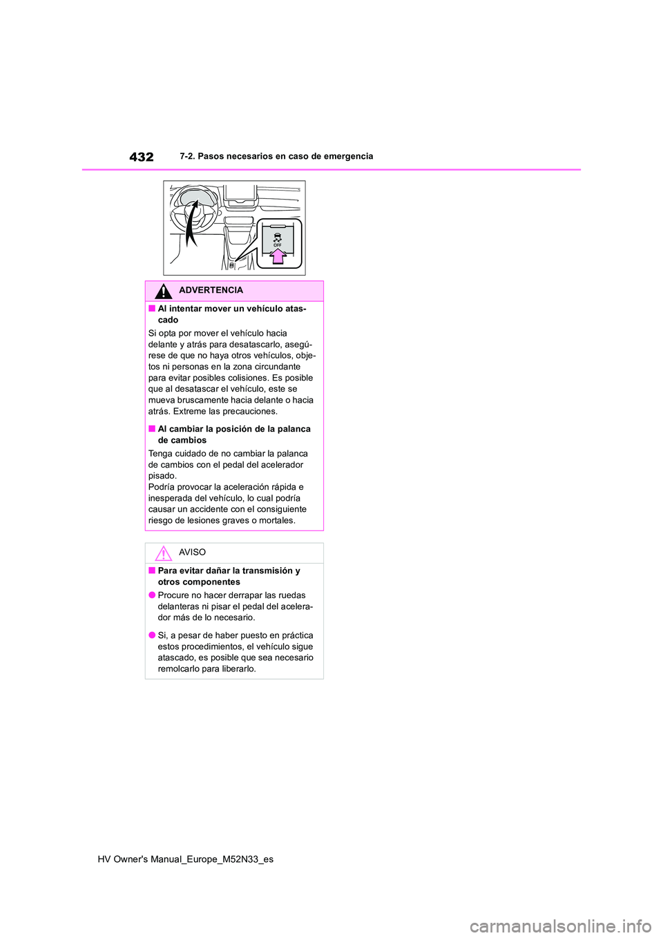 TOYOTA YARIS 2022  Manuale de Empleo (in Spanish) 432
HV Owner's Manual_Europe_M52N33_es
7-2. Pasos necesarios en caso de emergencia
ADVERTENCIA
■Al intentar mover un vehículo atas- 
cado 
Si opta por mover el vehículo hacia  delante y atrás