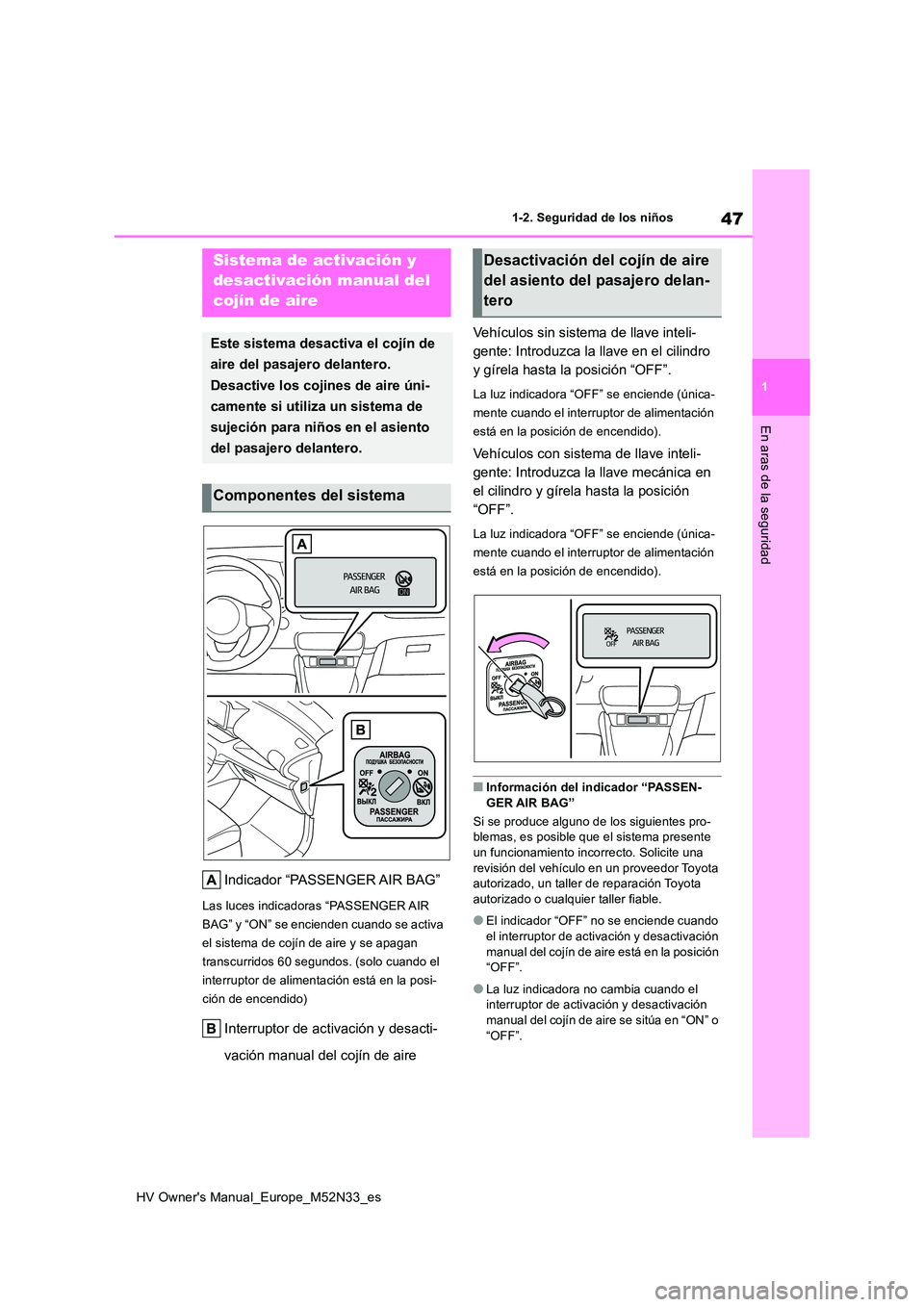 TOYOTA YARIS 2022 Manuale de Empleo (in Spanish) 47
1
HV Owner's Manual_Europe_M52N33_es
1-2. Seguridad de los niños
En aras de la seguridad
1-2.Segu ridad de los niñ os
Indicador “PASSENGER AIR BAG”
Las luces indicadoras “PASSENGER AIR TOYOTA YARIS 2022 Manuale de Empleo (in Spanish) 47
1
HV Owner's Manual_Europe_M52N33_es
1-2. Seguridad de los niños
En aras de la seguridad
1-2.Segu ridad de los niñ os
Indicador “PASSENGER AIR BAG”
Las luces indicadoras “PASSENGER AIR