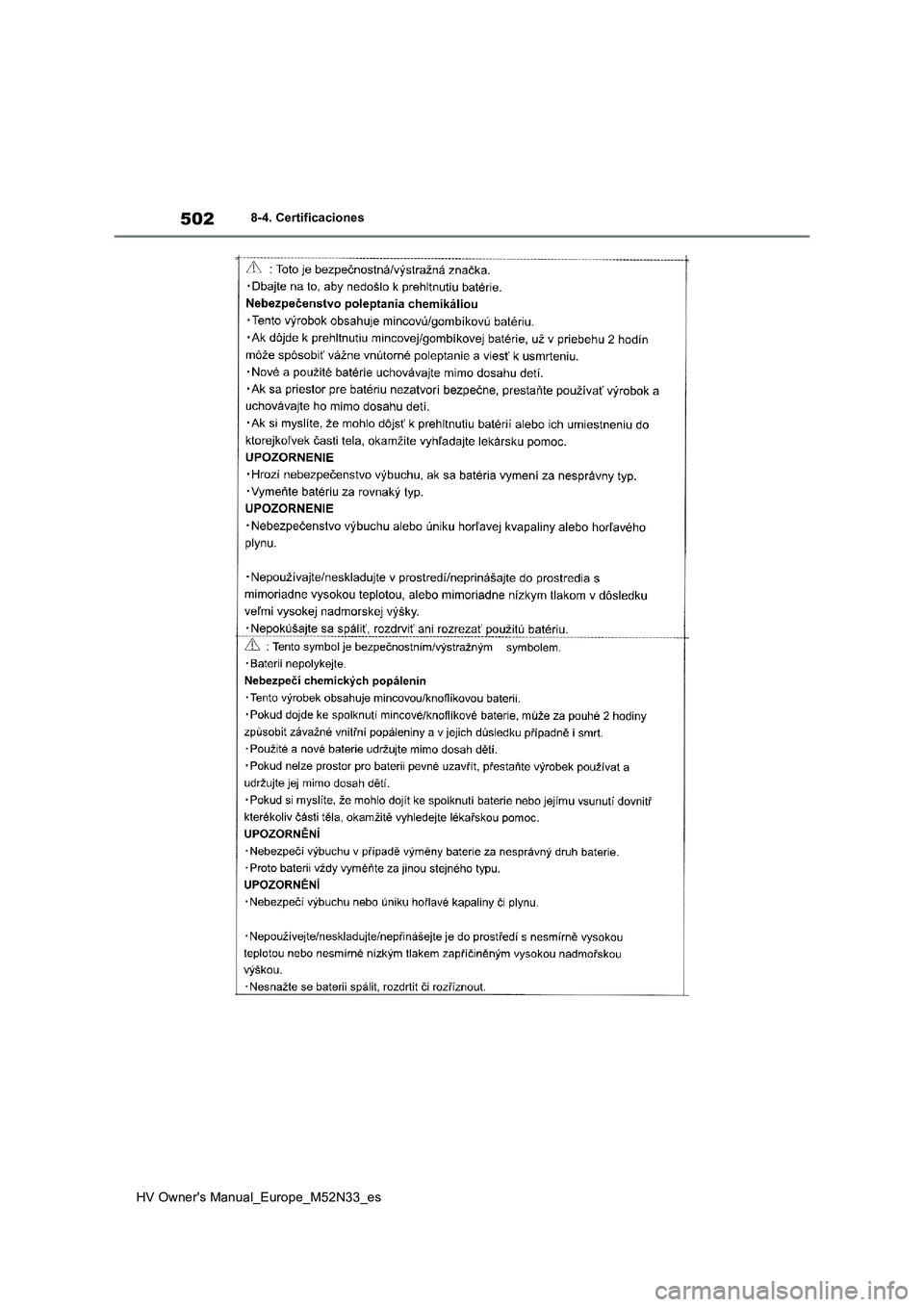 TOYOTA YARIS 2022  Manuale de Empleo (in Spanish) 502
HV Owner's Manual_Europe_M52N33_es
8-4. Certificaciones 