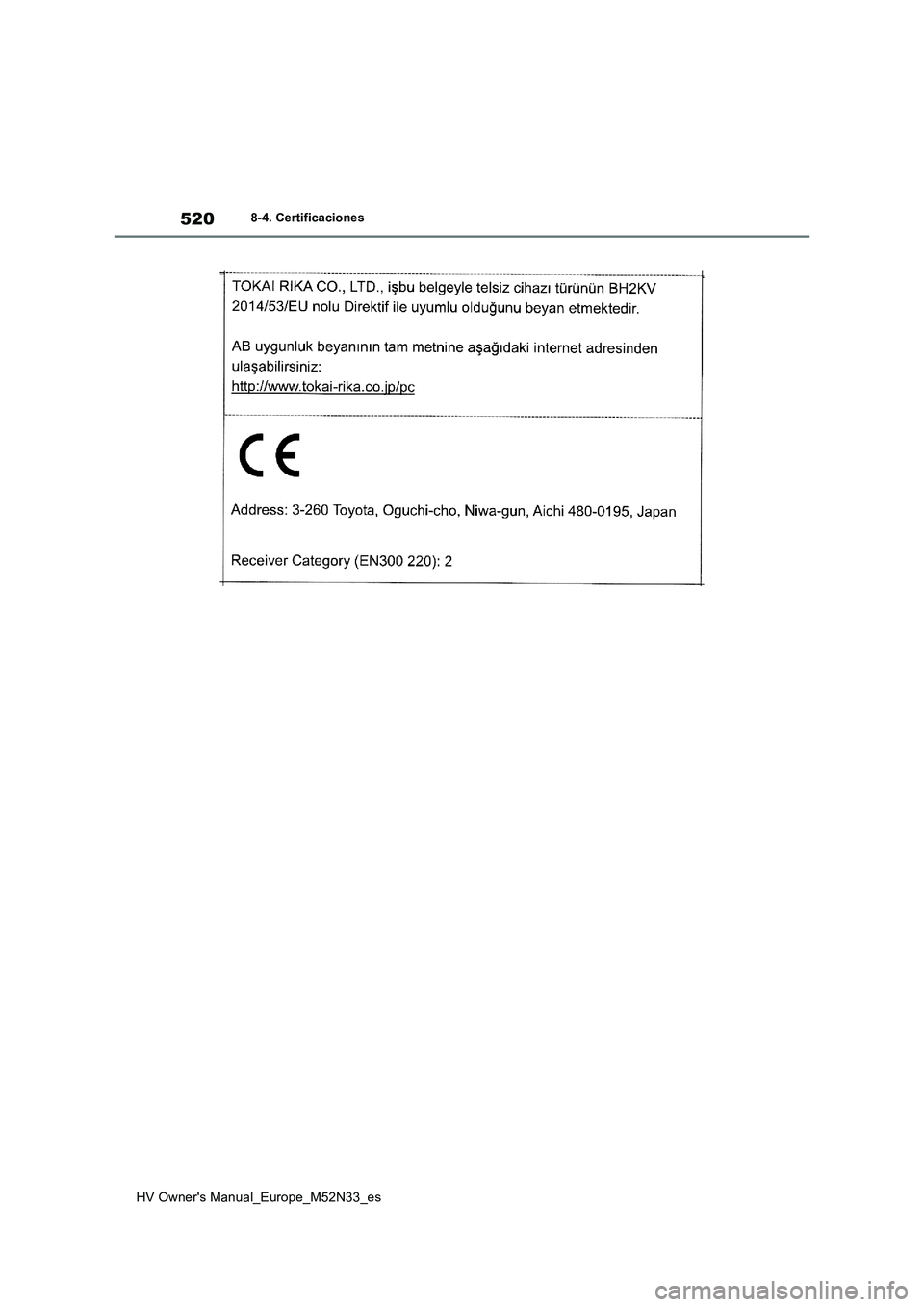 TOYOTA YARIS 2022  Manuale de Empleo (in Spanish) 520
HV Owner's Manual_Europe_M52N33_es
8-4. Certificaciones 