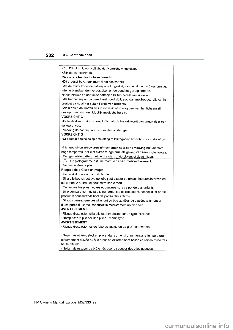 TOYOTA YARIS 2022  Manuale de Empleo (in Spanish) 532
HV Owner's Manual_Europe_M52N33_es
8-4. Certificaciones 