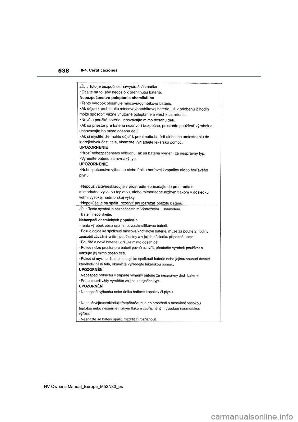 TOYOTA YARIS 2022  Manuale de Empleo (in Spanish) 538
HV Owner's Manual_Europe_M52N33_es
8-4. Certificaciones 