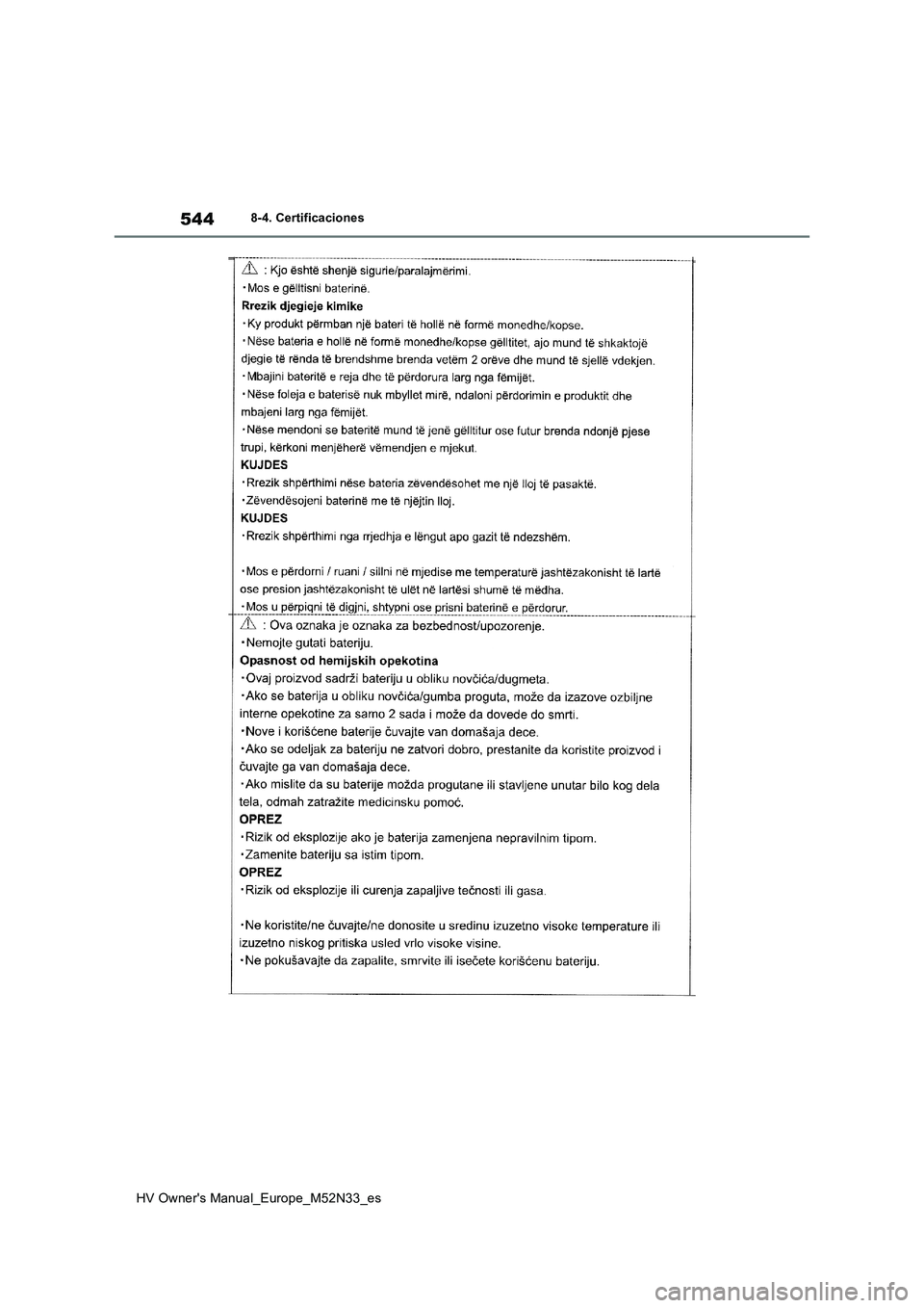 TOYOTA YARIS 2022  Manuale de Empleo (in Spanish) 544
HV Owner's Manual_Europe_M52N33_es
8-4. Certificaciones 