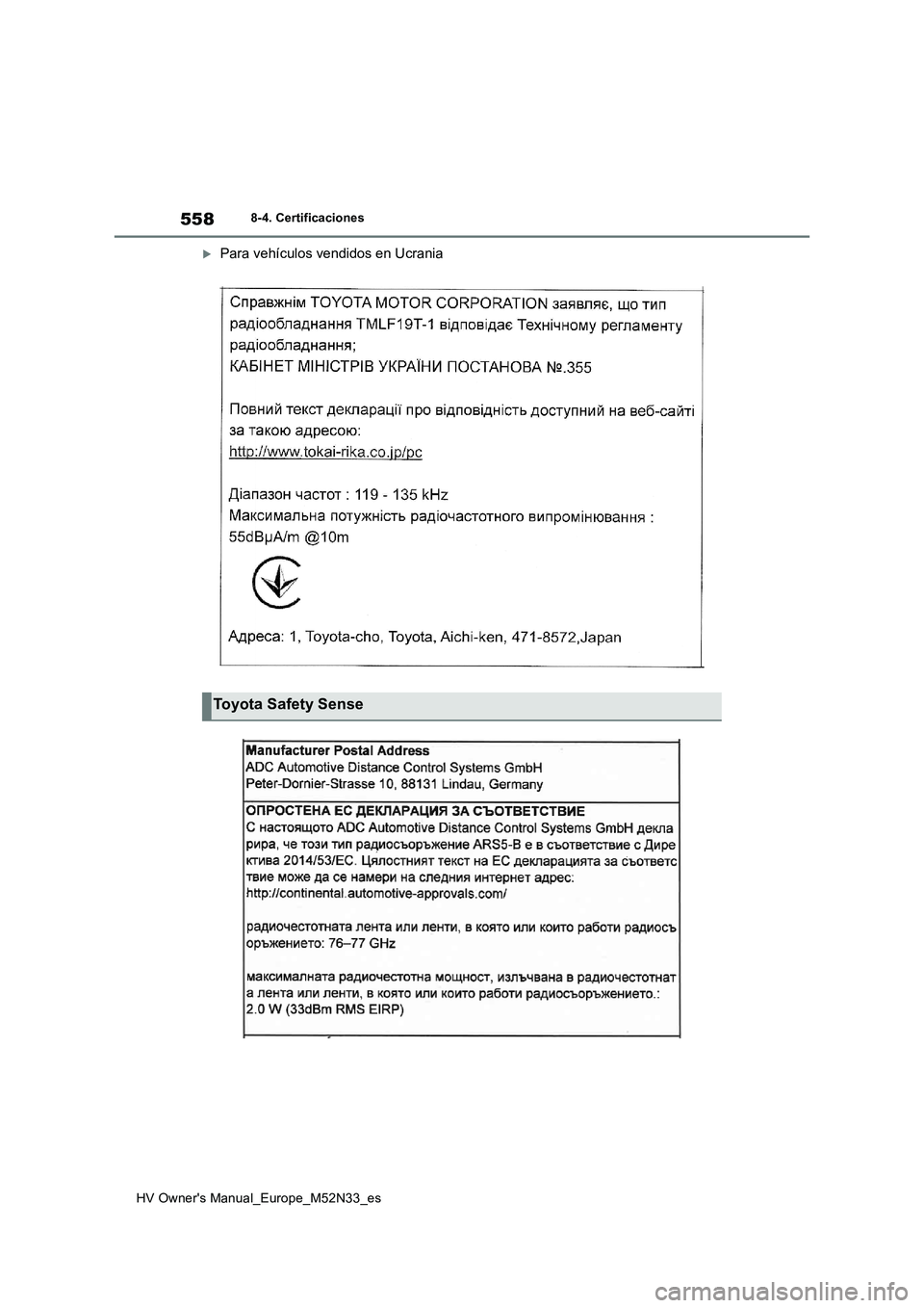 TOYOTA YARIS 2022  Manuale de Empleo (in Spanish) 558
HV Owner's Manual_Europe_M52N33_es
8-4. Certificaciones
Para vehículos vendidos en Ucrania
Toyota Safety Sense 