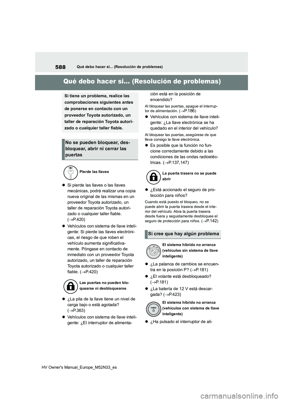 TOYOTA YARIS 2022 Manuale de Empleo (in Spanish) 588
HV Owner's Manual_Europe_M52N33_es
Qué debo hacer si... (Resolución de problemas)
1-1.Qué debo ha cer s i... (Re solución de pro ble mas)Qué debo hacer si... (Resolución de problemas)
TOYOTA YARIS 2022 Manuale de Empleo (in Spanish) 588
HV Owner's Manual_Europe_M52N33_es
Qué debo hacer si... (Resolución de problemas)
1-1.Qué debo ha cer s i... (Re solución de pro ble mas)Qué debo hacer si... (Resolución de problemas)
