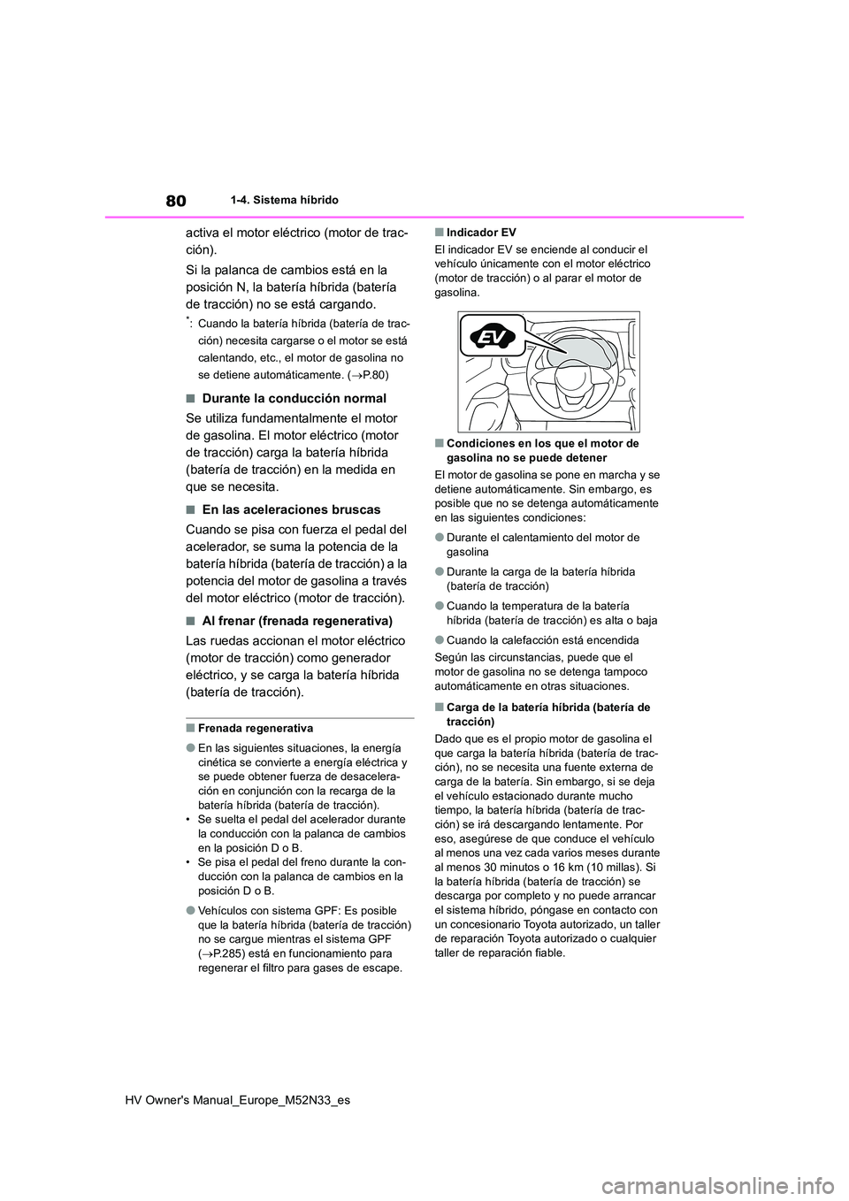 TOYOTA YARIS 2022 Manuale de Empleo (in Spanish) 80
HV Owner's Manual_Europe_M52N33_es
1-4. Sistema híbrido
activa el motor eléctrico (motor de trac-
ción).
Si la palanca de cambios está en la
posición N, la batería híbrida (batería TOYOTA YARIS 2022 Manuale de Empleo (in Spanish) 80
HV Owner's Manual_Europe_M52N33_es
1-4. Sistema híbrido
activa el motor eléctrico (motor de trac-
ción).
Si la palanca de cambios está en la
posición N, la batería híbrida (batería