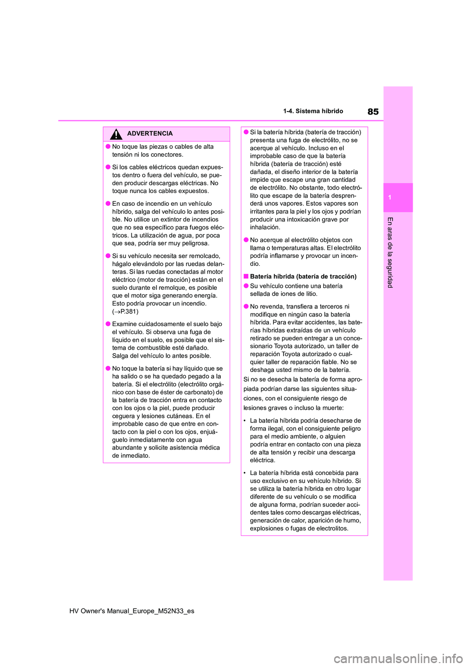 TOYOTA YARIS 2022 Manuale de Empleo (in Spanish) 85
1
HV Owner's Manual_Europe_M52N33_es
1-4. Sistema híbrido
En aras de la seguridad
ADVERTENCIA
●No toque las piezas o cables de alta
tensión ni los conectores.
●Si los cables eléctricos TOYOTA YARIS 2022 Manuale de Empleo (in Spanish) 85
1
HV Owner's Manual_Europe_M52N33_es
1-4. Sistema híbrido
En aras de la seguridad
ADVERTENCIA
●No toque las piezas o cables de alta
tensión ni los conectores.
●Si los cables eléctricos