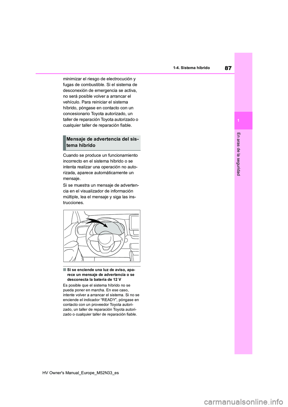 TOYOTA YARIS 2022 Manuale de Empleo (in Spanish) 87
1
HV Owner's Manual_Europe_M52N33_es
1-4. Sistema híbrido
En aras de la seguridad
minimizar el riesgo de electrocución y
fugas de combustible. Si el sistema de
desconexión de emergencia s TOYOTA YARIS 2022 Manuale de Empleo (in Spanish) 87
1
HV Owner's Manual_Europe_M52N33_es
1-4. Sistema híbrido
En aras de la seguridad
minimizar el riesgo de electrocución y
fugas de combustible. Si el sistema de
desconexión de emergencia s