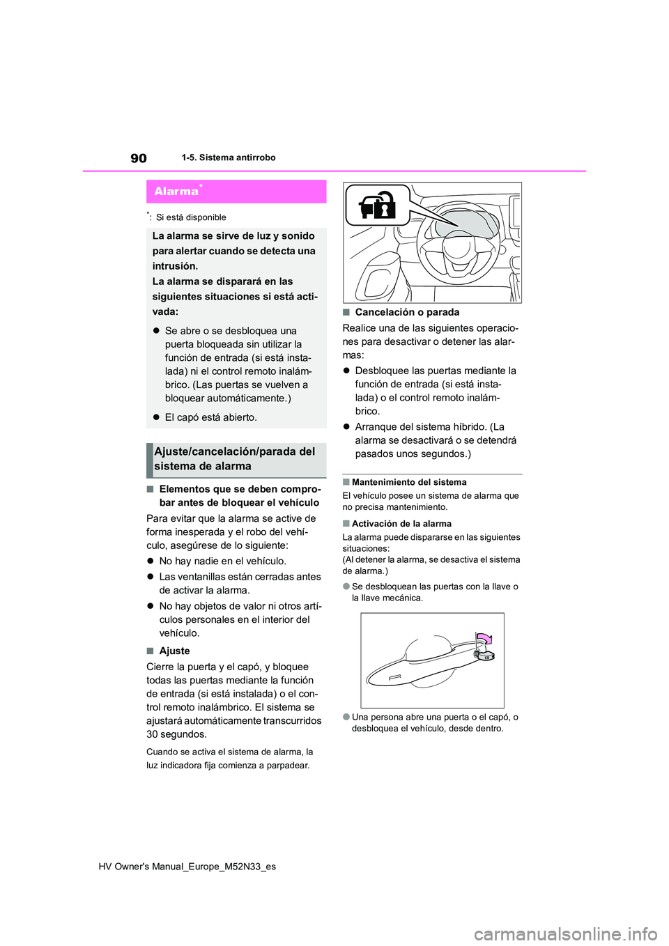 TOYOTA YARIS 2022 Manuale de Empleo (in Spanish) 90
HV Owner's Manual_Europe_M52N33_es
1-5. Sistema antirrobo
*: Si está disponible
■Elementos que se deben compro-
bar antes de bloquear el vehículo
Para evitar que la alarma se active de
TOYOTA YARIS 2022 Manuale de Empleo (in Spanish) 90
HV Owner's Manual_Europe_M52N33_es
1-5. Sistema antirrobo
*: Si está disponible
■Elementos que se deben compro-
bar antes de bloquear el vehículo
Para evitar que la alarma se active de