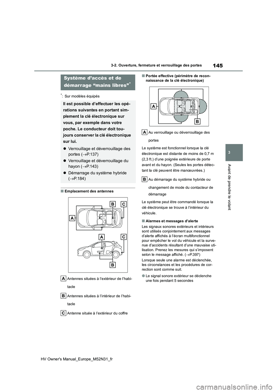 TOYOTA YARIS 2022 Notices Demploi (in French) 145
3
HV Owner's Manual_Europe_M52N31_fr
3-2. Ouverture, fermeture et verrouillage des portes
Avant de prendre le volant
*: Sur modèles équipés
■Emplacement des antennes
Antennes situées à TOYOTA YARIS 2022 Notices Demploi (in French) 145
3
HV Owner's Manual_Europe_M52N31_fr
3-2. Ouverture, fermeture et verrouillage des portes
Avant de prendre le volant
*: Sur modèles équipés
■Emplacement des antennes
Antennes situées à