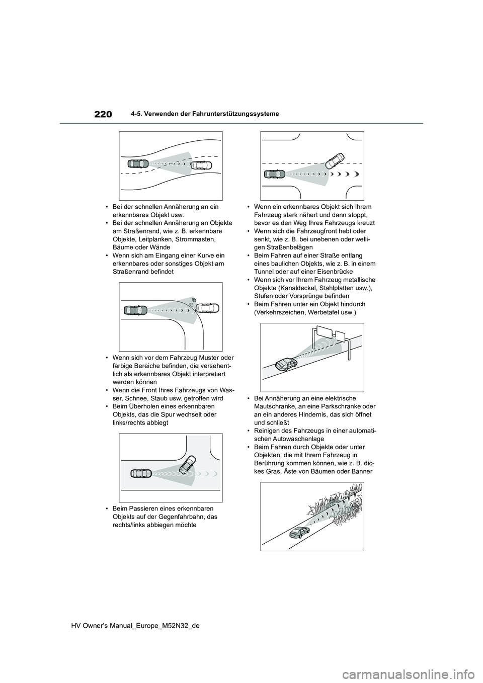 TOYOTA YARIS 2022  Betriebsanleitungen (in German) 220
HV Owner's Manual_Europe_M52N32_de
4-5. Verwenden der Fahrunterstützungssysteme 
• Bei der schnellen Annäherung an ein  erkennbares Objekt usw.• Bei der schnellen Annäherung an Objekte 