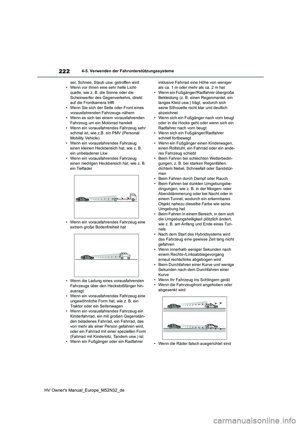 TOYOTA YARIS 2022  Betriebsanleitungen (in German) 222
HV Owner's Manual_Europe_M52N32_de
4-5. Verwenden der Fahrunterstützungssysteme 
ser, Schnee, Staub usw. getroffen wird • Wenn vor Ihnen eine sehr helle Licht-quelle, wie z. B. die Sonne od