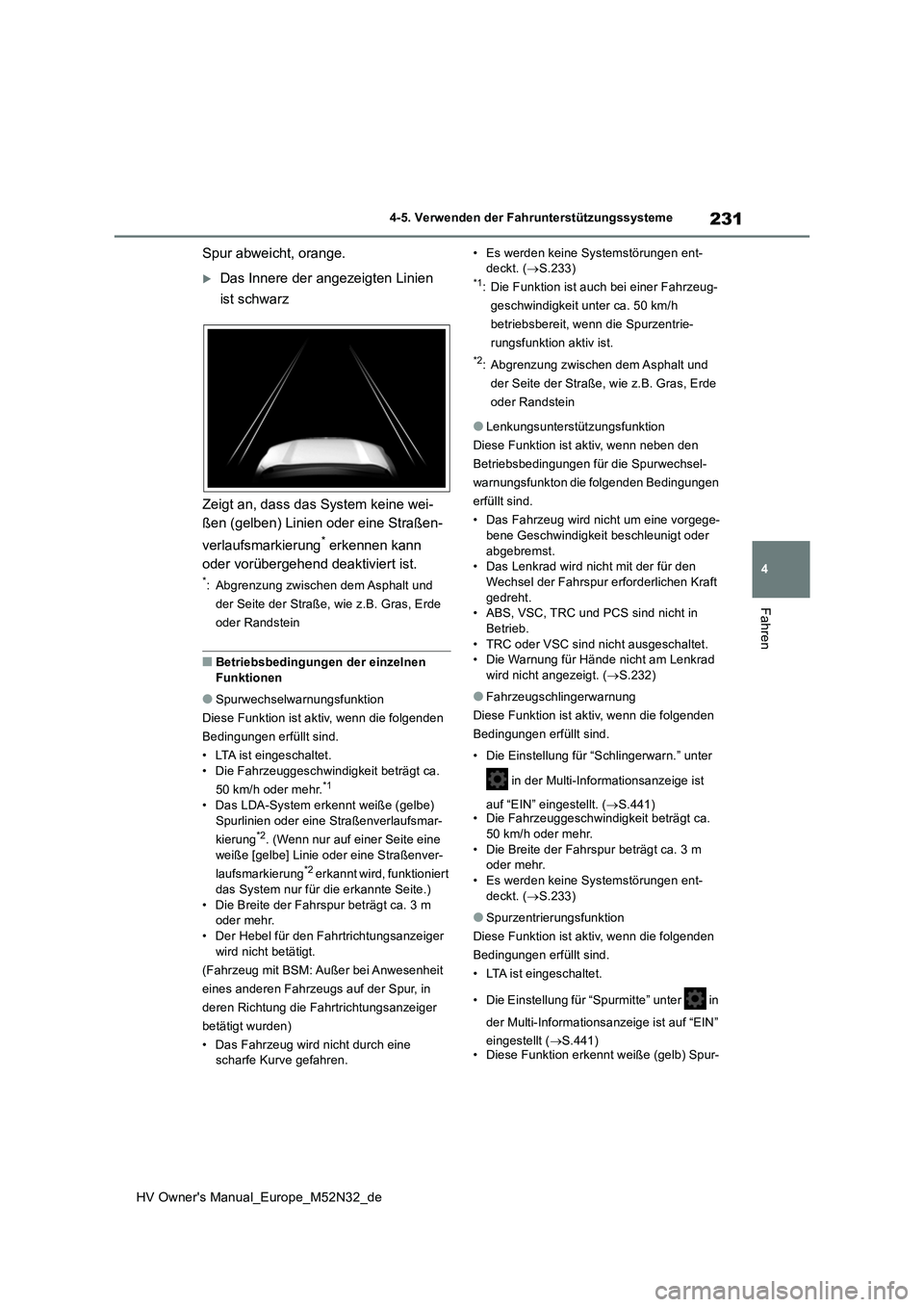 TOYOTA YARIS 2022 Betriebsanleitungen (in German) 231
4
HV Owner's Manual_Europe_M52N32_de
4-5. Verwenden der Fahrunterstützungssysteme
Fahren
Spur abweicht, orange.
Das Innere der angezeigten Linien
ist schwarz
Zeigt an, dass das System k TOYOTA YARIS 2022 Betriebsanleitungen (in German) 231
4
HV Owner's Manual_Europe_M52N32_de
4-5. Verwenden der Fahrunterstützungssysteme
Fahren
Spur abweicht, orange.
Das Innere der angezeigten Linien
ist schwarz
Zeigt an, dass das System k