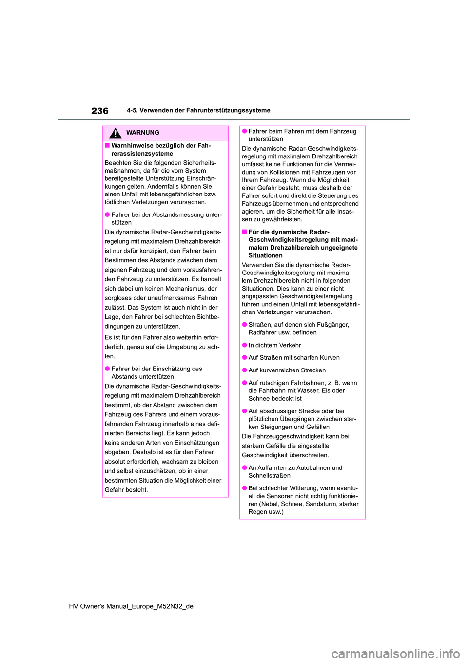 TOYOTA YARIS 2022 Betriebsanleitungen (in German) 236
HV Owner's Manual_Europe_M52N32_de
4-5. Verwenden der Fahrunterstützungssysteme
WARNUNG
■Warnhinweise bezüglich der Fah-
rerassistenzsysteme
Beachten Sie die folgenden Sicherheits- maßn TOYOTA YARIS 2022 Betriebsanleitungen (in German) 236
HV Owner's Manual_Europe_M52N32_de
4-5. Verwenden der Fahrunterstützungssysteme
WARNUNG
■Warnhinweise bezüglich der Fah-
rerassistenzsysteme
Beachten Sie die folgenden Sicherheits- maßn