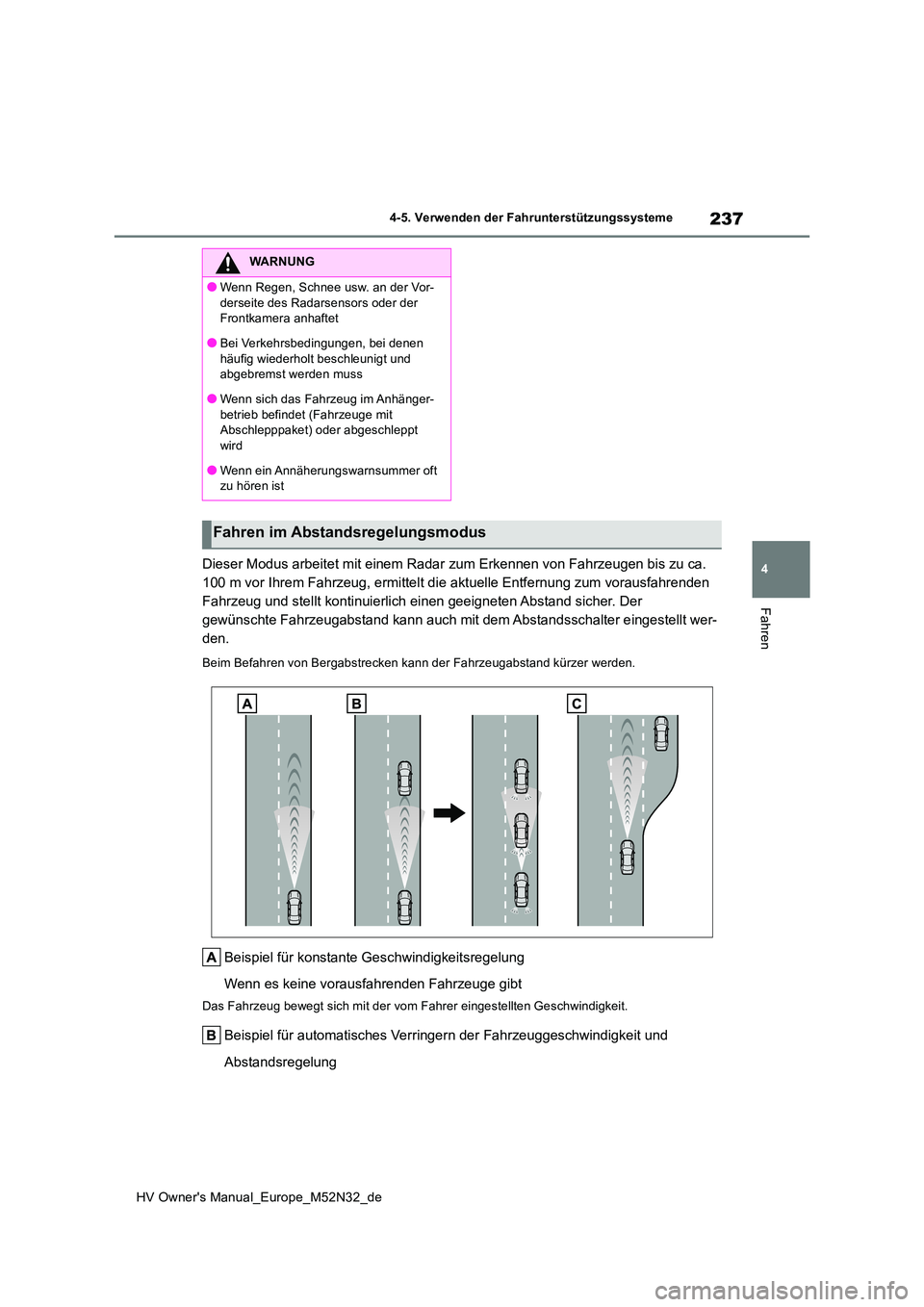 TOYOTA YARIS 2022 Betriebsanleitungen (in German) 237
4
HV Owner's Manual_Europe_M52N32_de
4-5. Verwenden der Fahrunterstützungssysteme
Fahren
Dieser Modus arbeitet mit einem Radar zum Erkennen von Fahrzeugen bis zu ca.
100 m vor Ihrem Fahrzeu TOYOTA YARIS 2022 Betriebsanleitungen (in German) 237
4
HV Owner's Manual_Europe_M52N32_de
4-5. Verwenden der Fahrunterstützungssysteme
Fahren
Dieser Modus arbeitet mit einem Radar zum Erkennen von Fahrzeugen bis zu ca.
100 m vor Ihrem Fahrzeu