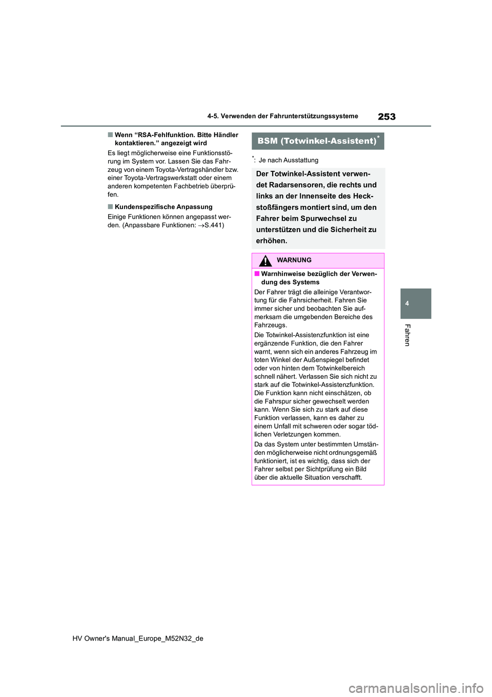 TOYOTA YARIS 2022 Betriebsanleitungen (in German) 253
4
HV Owner's Manual_Europe_M52N32_de
4-5. Verwenden der Fahrunterstützungssysteme
Fahren
■Wenn “RSA-Fehlfunktion. Bitte Händler kontaktieren.” angezeigt wird
Es liegt möglicherweise TOYOTA YARIS 2022 Betriebsanleitungen (in German) 253
4
HV Owner's Manual_Europe_M52N32_de
4-5. Verwenden der Fahrunterstützungssysteme
Fahren
■Wenn “RSA-Fehlfunktion. Bitte Händler kontaktieren.” angezeigt wird
Es liegt möglicherweise