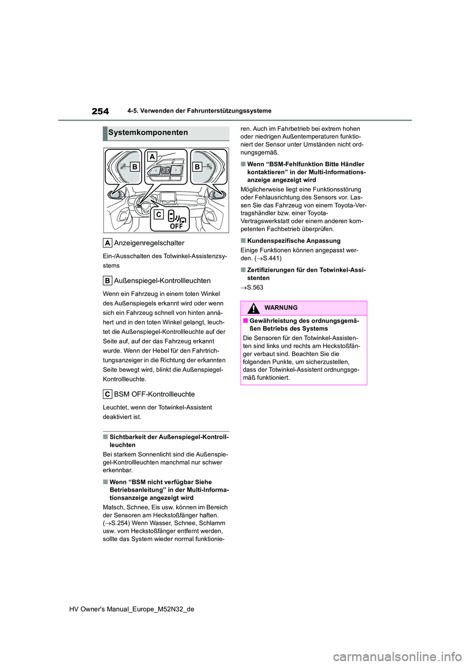 TOYOTA YARIS 2022 Betriebsanleitungen (in German) 254
HV Owner's Manual_Europe_M52N32_de
4-5. Verwenden der Fahrunterstützungssysteme
Anzeigenregelschalter
Ein-/Ausschalten des Totwinkel-Assistenzsy-
stems
Außenspiegel-Kontrollleuchten
Wenn ei TOYOTA YARIS 2022 Betriebsanleitungen (in German) 254
HV Owner's Manual_Europe_M52N32_de
4-5. Verwenden der Fahrunterstützungssysteme
Anzeigenregelschalter
Ein-/Ausschalten des Totwinkel-Assistenzsy-
stems
Außenspiegel-Kontrollleuchten
Wenn ei