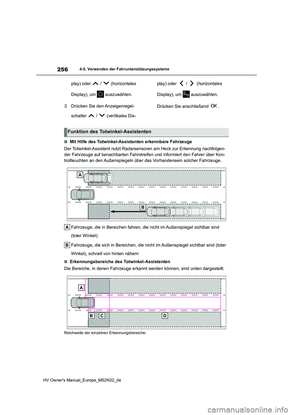 TOYOTA YARIS 2022 Betriebsanleitungen (in German) 256
HV Owner's Manual_Europe_M52N32_de
4-5. Verwenden der Fahrunterstützungssysteme
play) oder / (horizontales
Display), um auszuwählen.
2 Drücken Sie den Anzeigenregel-
schalter / TOYOTA YARIS 2022 Betriebsanleitungen (in German) 256
HV Owner's Manual_Europe_M52N32_de
4-5. Verwenden der Fahrunterstützungssysteme
play) oder / (horizontales
Display), um auszuwählen.
2 Drücken Sie den Anzeigenregel-
schalter /